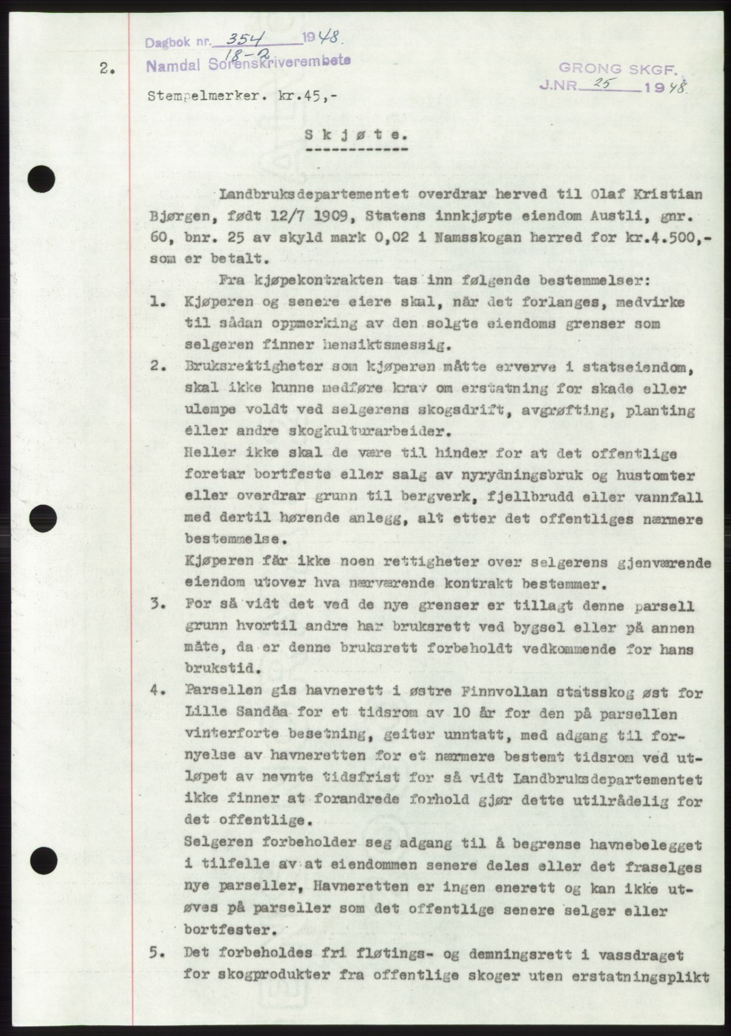 Namdal sorenskriveri, SAT/A-4133/1/2/2C: Pantebok nr. -, 1947-1948, Dagboknr: 354/1948