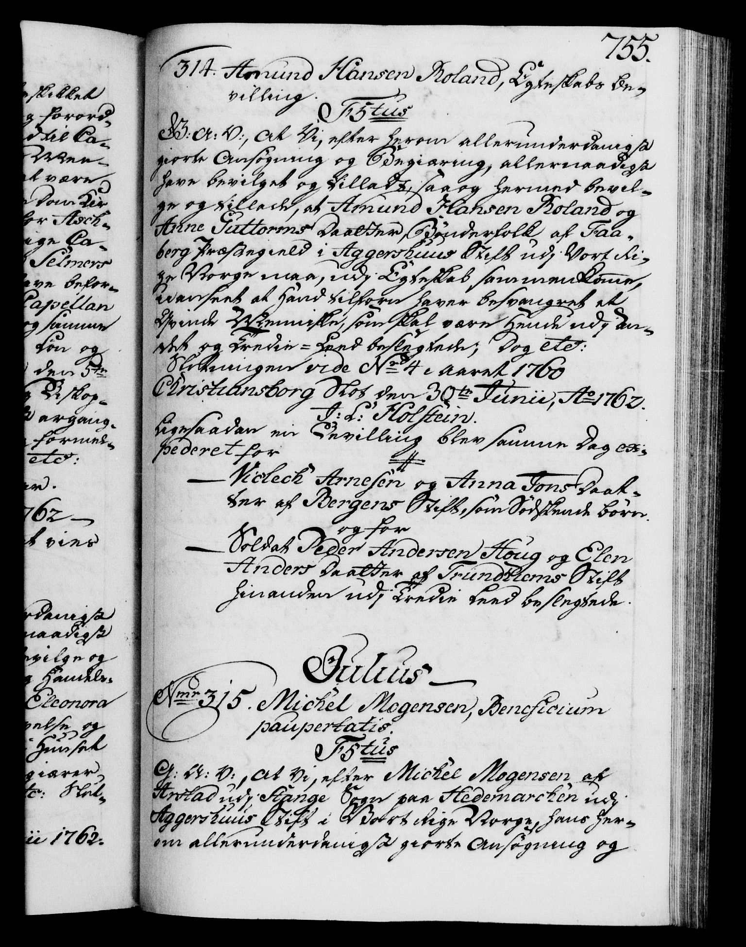 Danske Kanselli 1572-1799, RA/EA-3023/F/Fc/Fca/Fcaa/L0041: Norske registre, 1760-1762, s. 755a