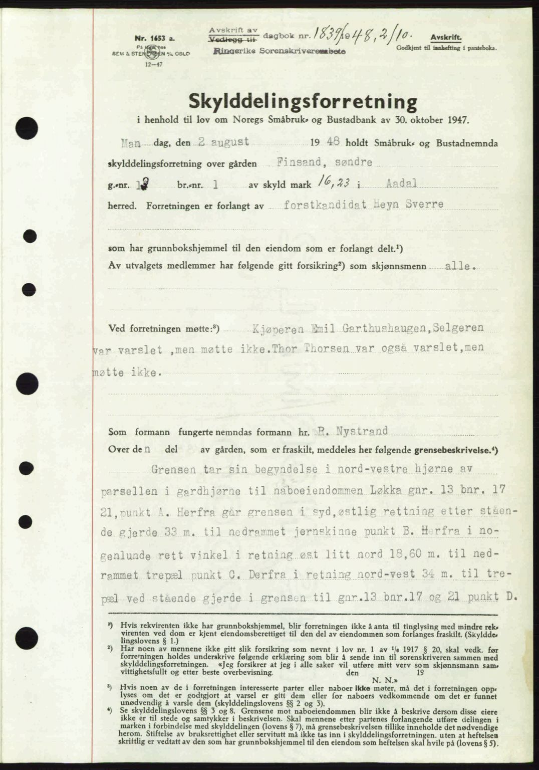 Ringerike sorenskriveri, SAKO/A-105/G/Ga/Gab/L0088: Pantebok nr. A-19, 1948-1948, Dagboknr: 1839/1948