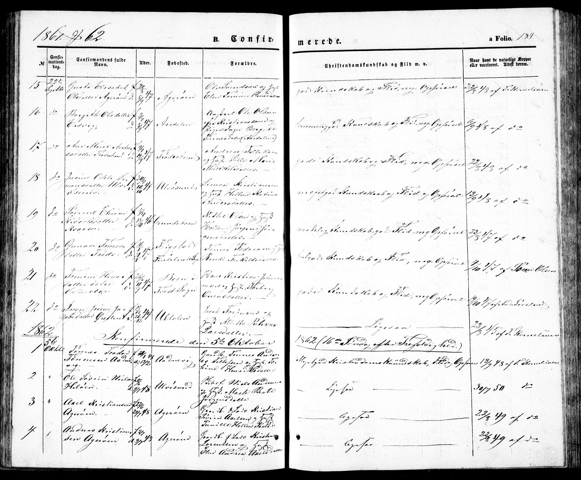 Høvåg sokneprestkontor, SAK/1111-0025/F/Fb/L0002: Klokkerbok nr. B 2, 1847-1869, s. 184