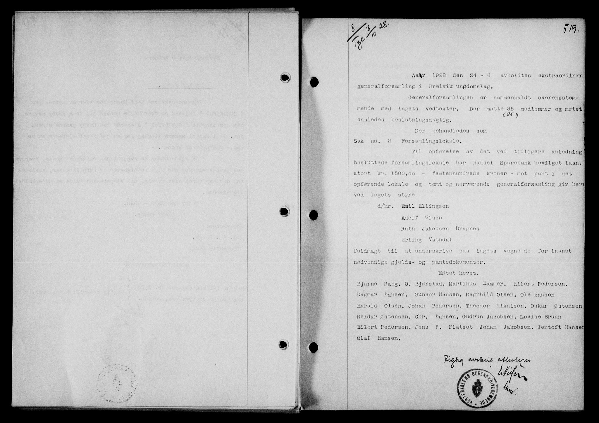 Vesterålen sorenskriveri, SAT/A-4180/1/2/2Ca/L0046: Pantebok nr. 39, 1928-1928, Tingl.dato: 18.10.1928