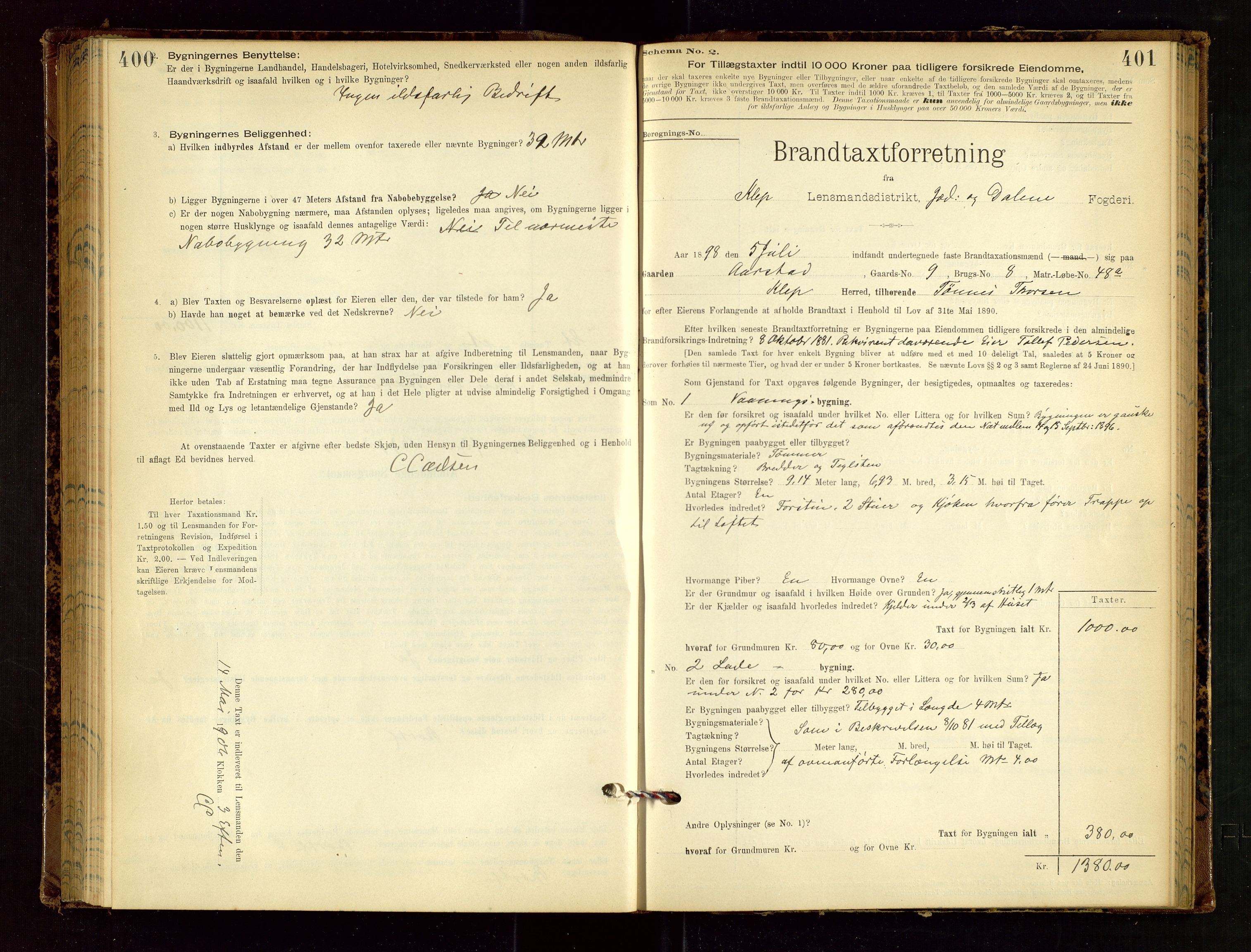 Klepp lensmannskontor, AV/SAST-A-100163/Goc/L0002: "Brandtaxationsprotokol" m/register, 1898-1902, s. 400-401