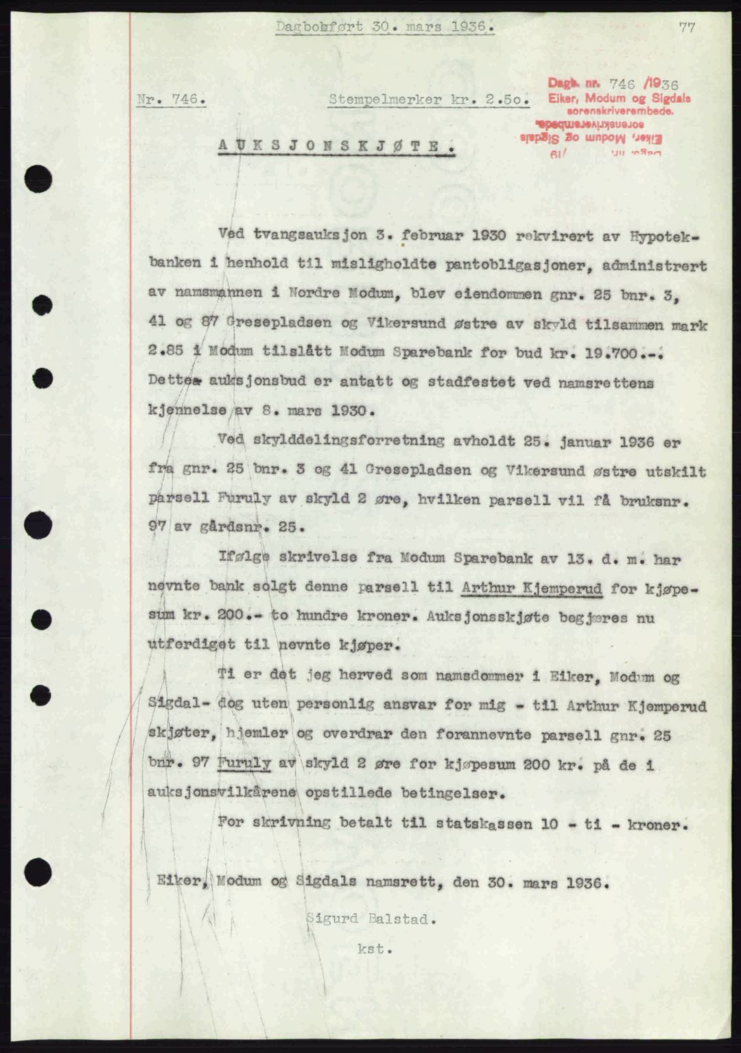 Eiker, Modum og Sigdal sorenskriveri, SAKO/A-123/G/Ga/Gab/L0032: Pantebok nr. A2, 1936-1936, Dagboknr: 746/1936