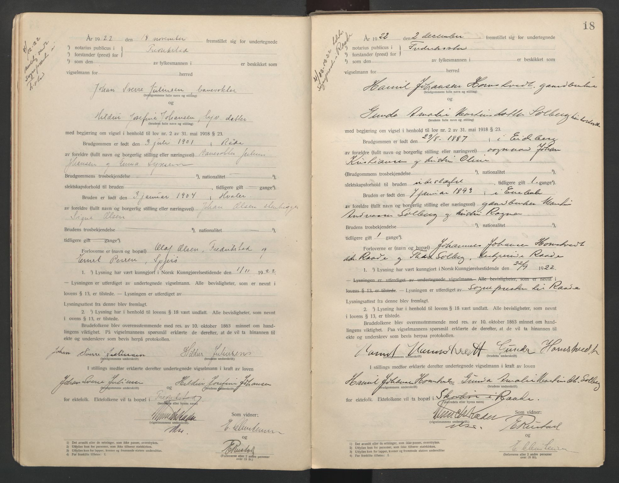 Fredrikstad byfogd, AV/SAO-A-10473a/L/Lc/L0001: Vigselsbok, 1920-1937, s. 18