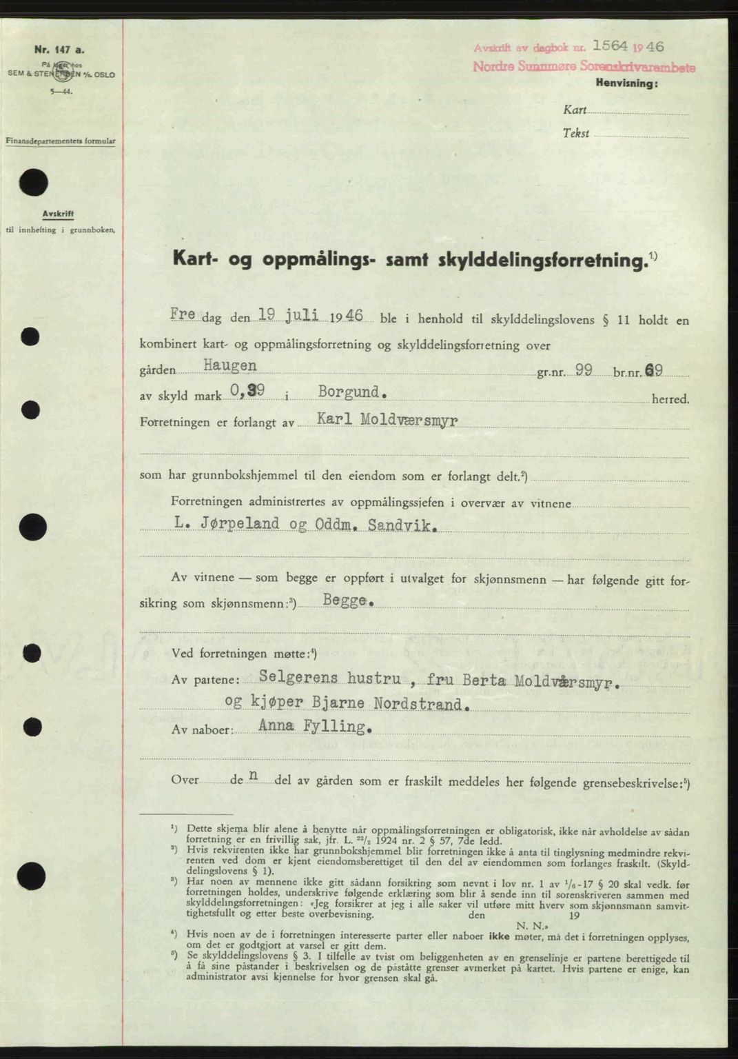 Nordre Sunnmøre sorenskriveri, SAT/A-0006/1/2/2C/2Ca: Pantebok nr. A22, 1946-1946, Dagboknr: 1564/1946