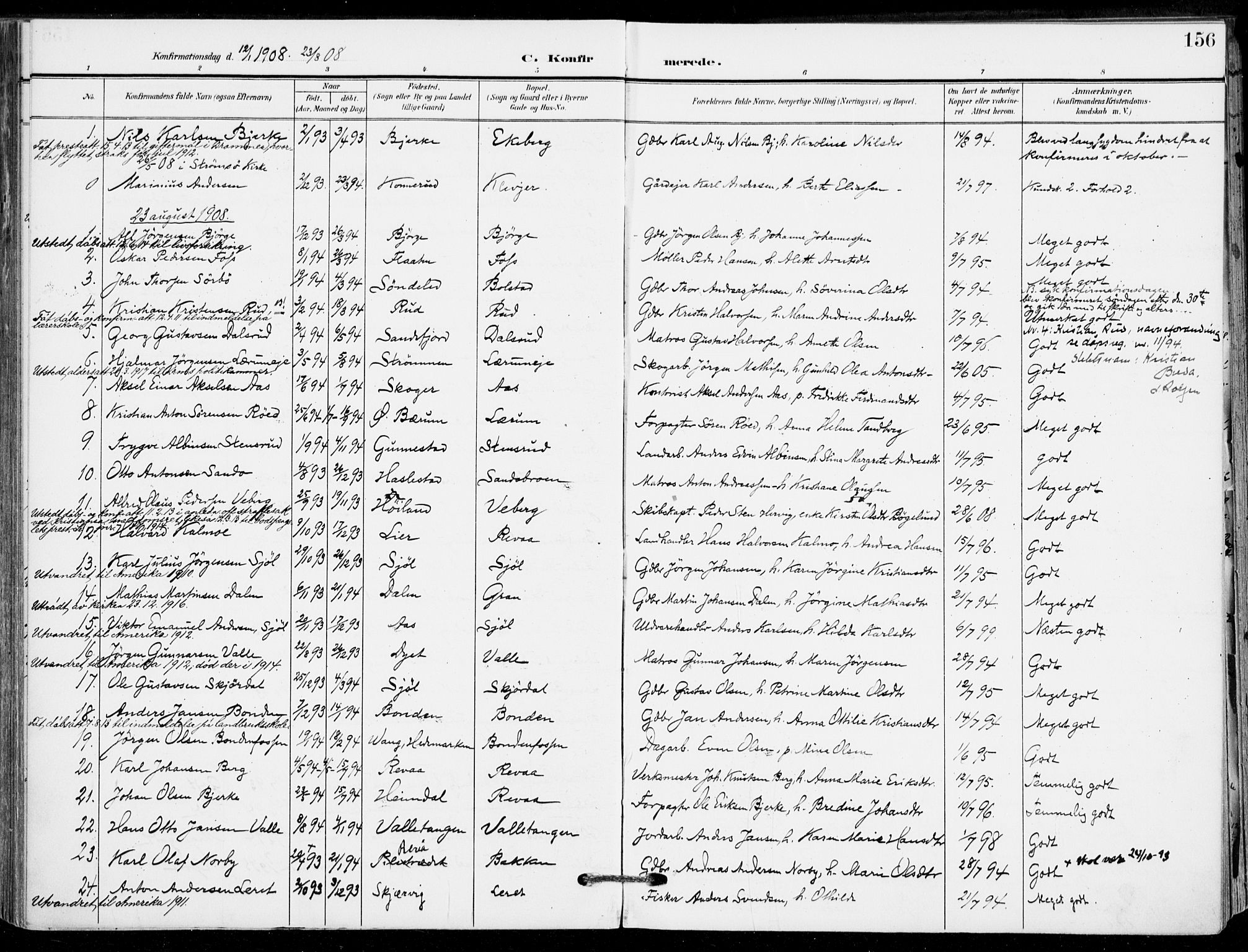 Sande Kirkebøker, AV/SAKO-A-53/F/Fa/L0008: Ministerialbok nr. 8, 1904-1921, s. 156
