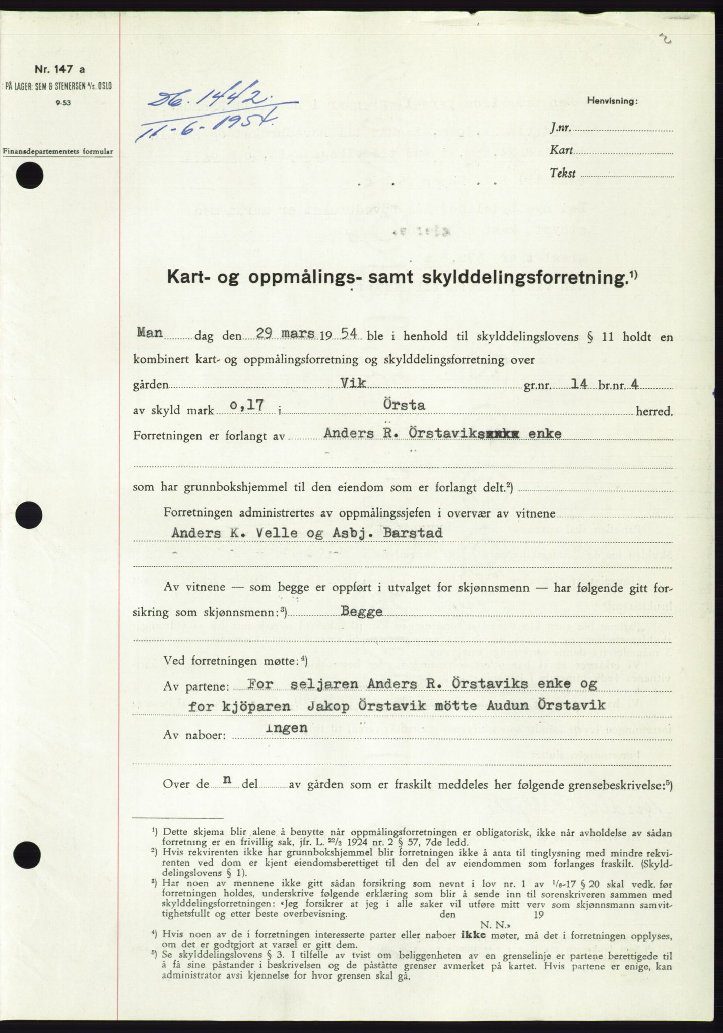 Søre Sunnmøre sorenskriveri, SAT/A-4122/1/2/2C/L0098: Pantebok nr. 24A, 1954-1954, Dagboknr: 1442/1954