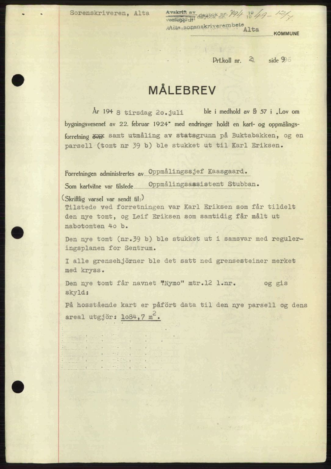 Alta fogderi/sorenskriveri, SATØ/SATØ-5/1/K/Kd/L0037pantebok: Pantebok nr. 39-40, 1948-1949, Dagboknr: 794/1949