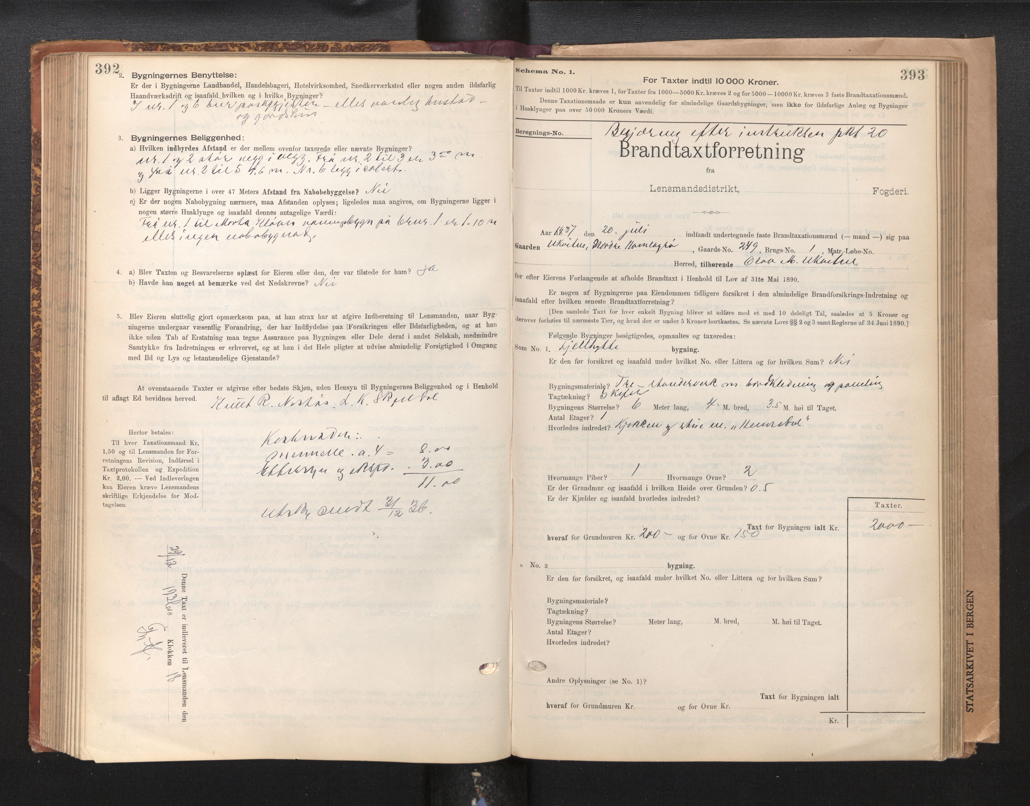 Lensmannen i Voss, SAB/A-35801/0012/L0008: Branntakstprotokoll, skjematakst, 1895-1945, s. 392-393