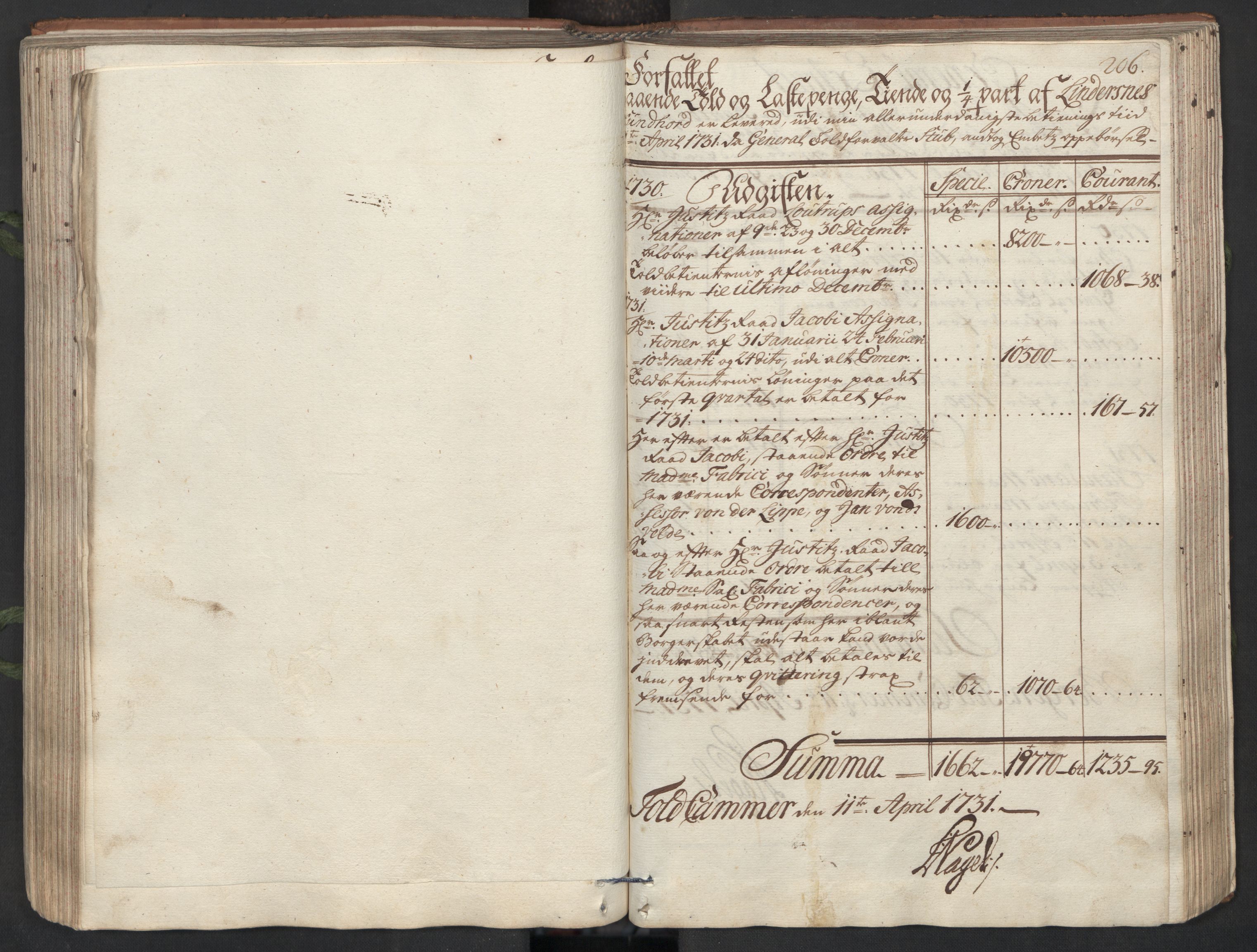Generaltollkammeret, tollregnskaper, AV/RA-EA-5490/R26/L0017/0001: Tollregnskaper Bergen A / Utgående hovedtollbok, 1731, s. 205b-206a