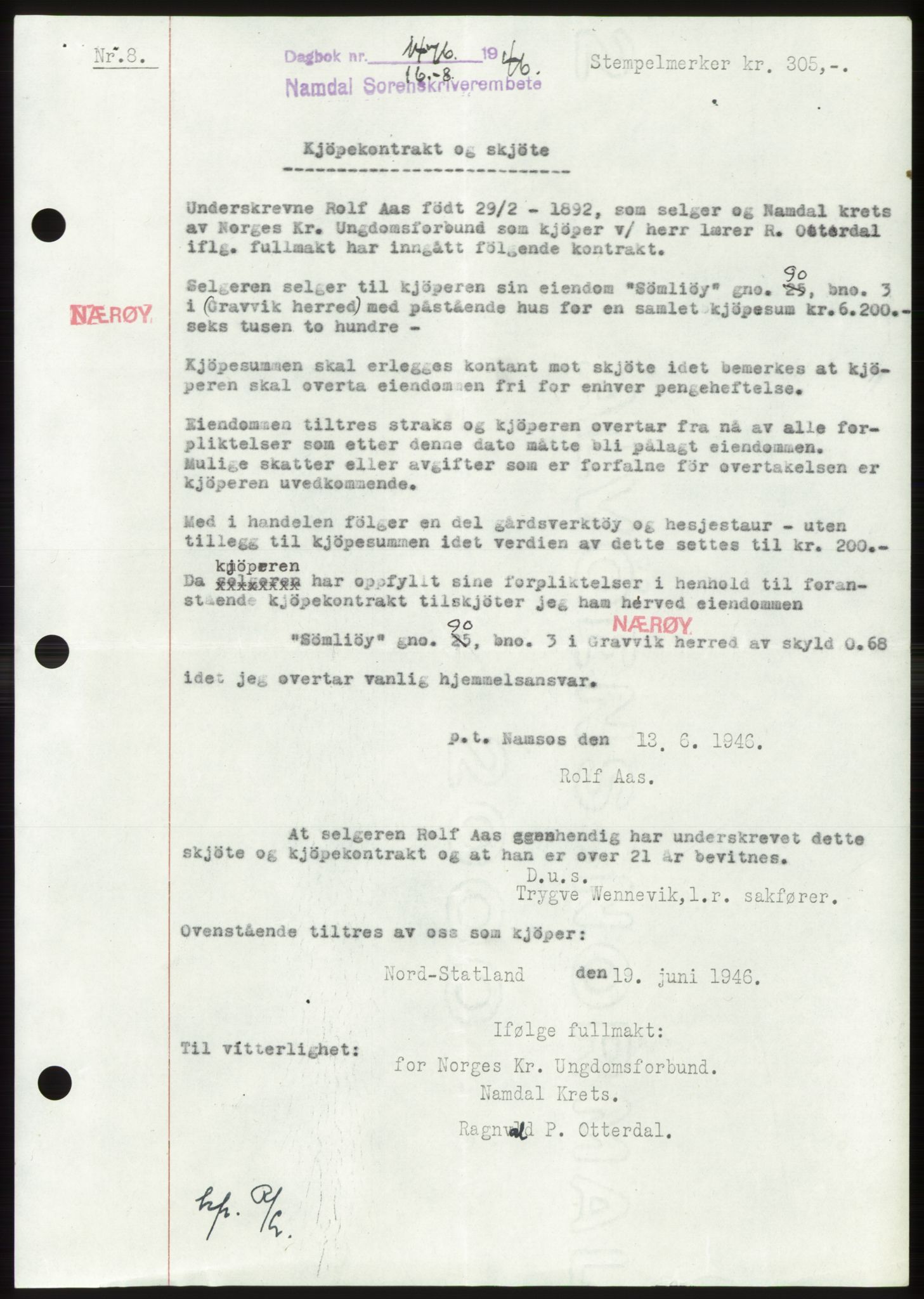 Namdal sorenskriveri, SAT/A-4133/1/2/2C: Pantebok nr. -, 1946-1946, Dagboknr: 1476/1946