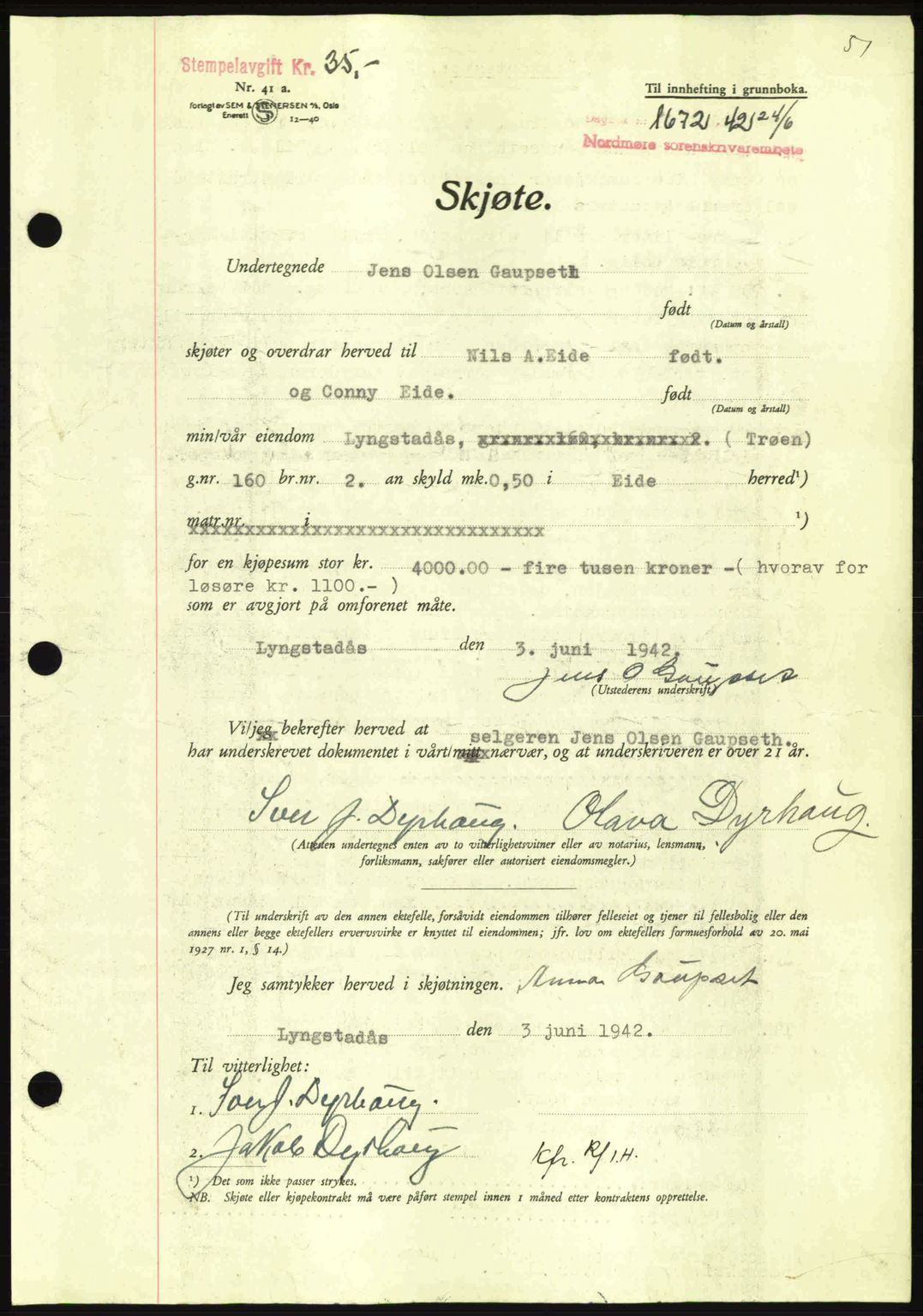 Nordmøre sorenskriveri, AV/SAT-A-4132/1/2/2Ca: Pantebok nr. A93, 1942-1942, Dagboknr: 1672/1942