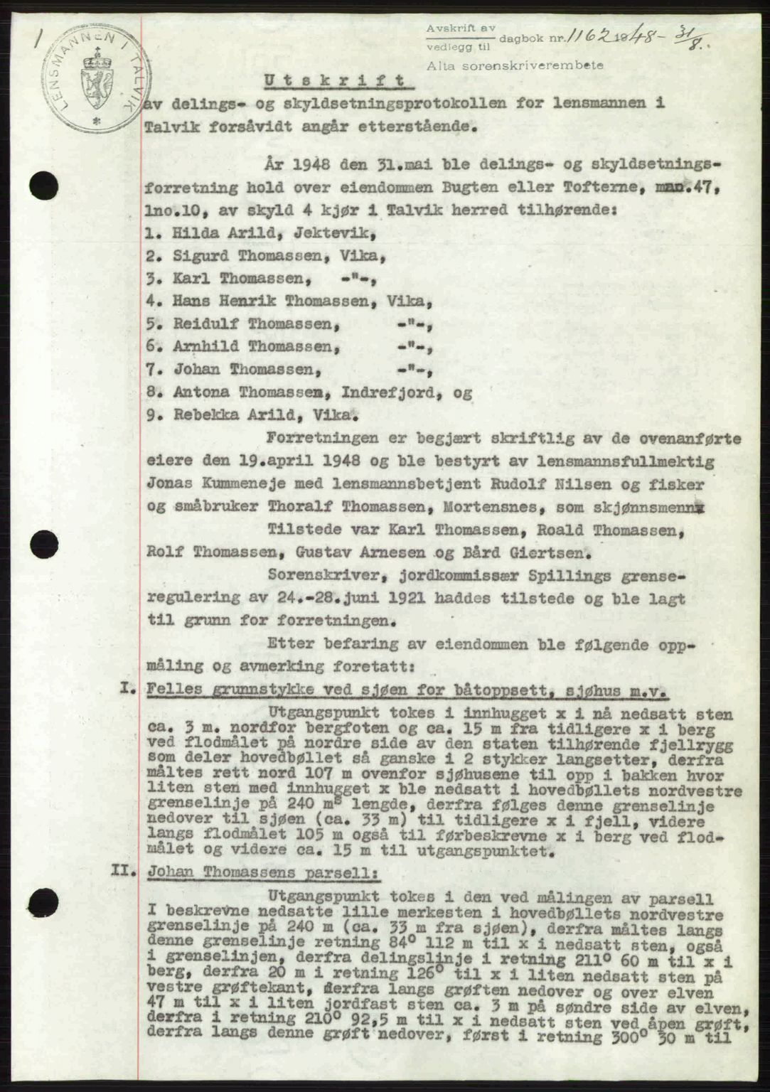 Alta fogderi/sorenskriveri, SATØ/SATØ-5/1/K/Kd/L0037pantebok: Pantebok nr. 39-40, 1948-1949, Dagboknr: 1162/1948