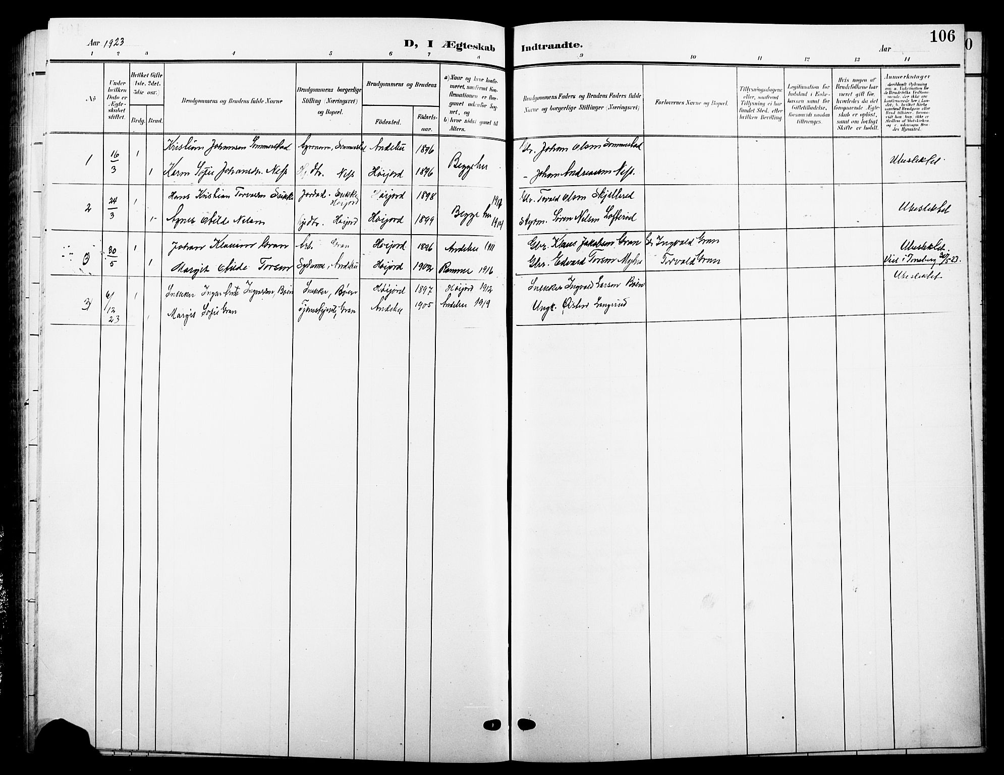 Andebu kirkebøker, AV/SAKO-A-336/G/Ga/L0005: Klokkerbok nr. I 5, 1901-1925, s. 106