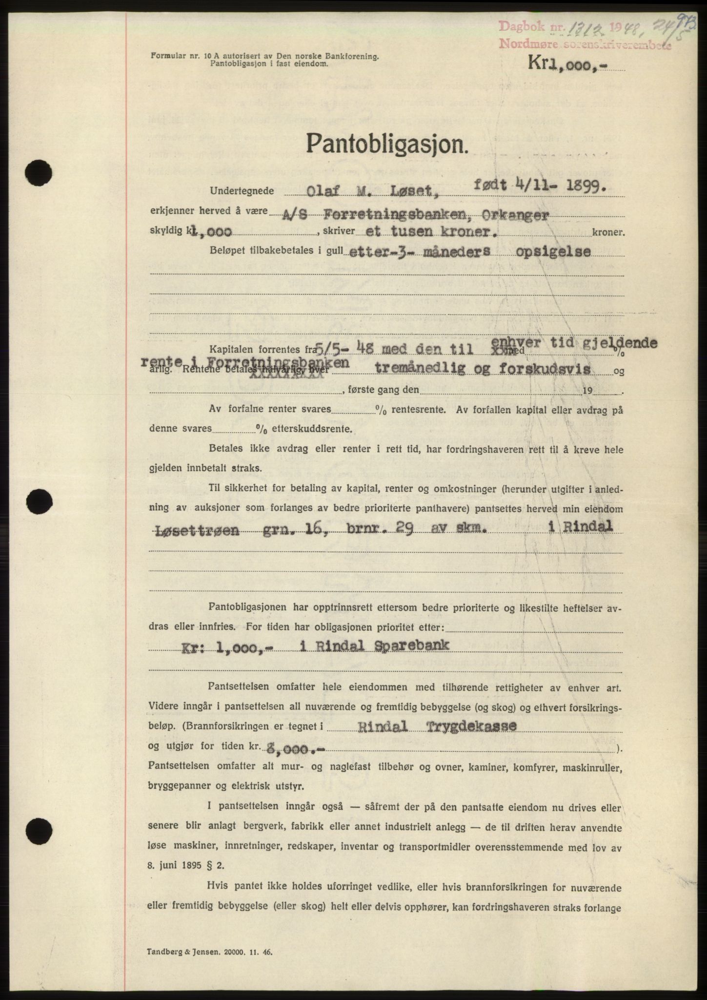 Nordmøre sorenskriveri, SAT/A-4132/1/2/2Ca: Pantebok nr. B98, 1948-1948, Dagboknr: 1312/1948