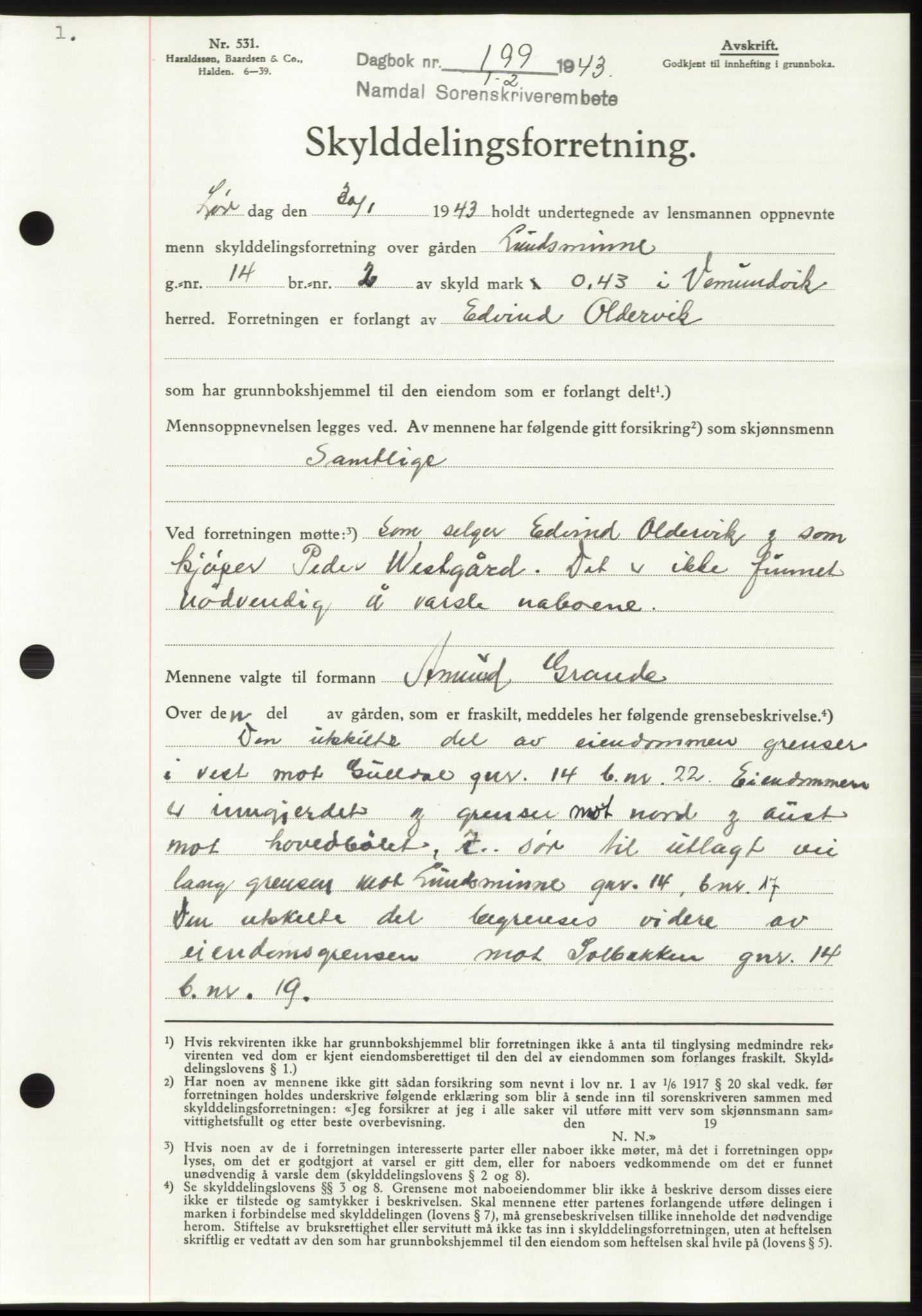 Namdal sorenskriveri, SAT/A-4133/1/2/2C: Pantebok nr. -, 1942-1943, Dagboknr: 199/1943