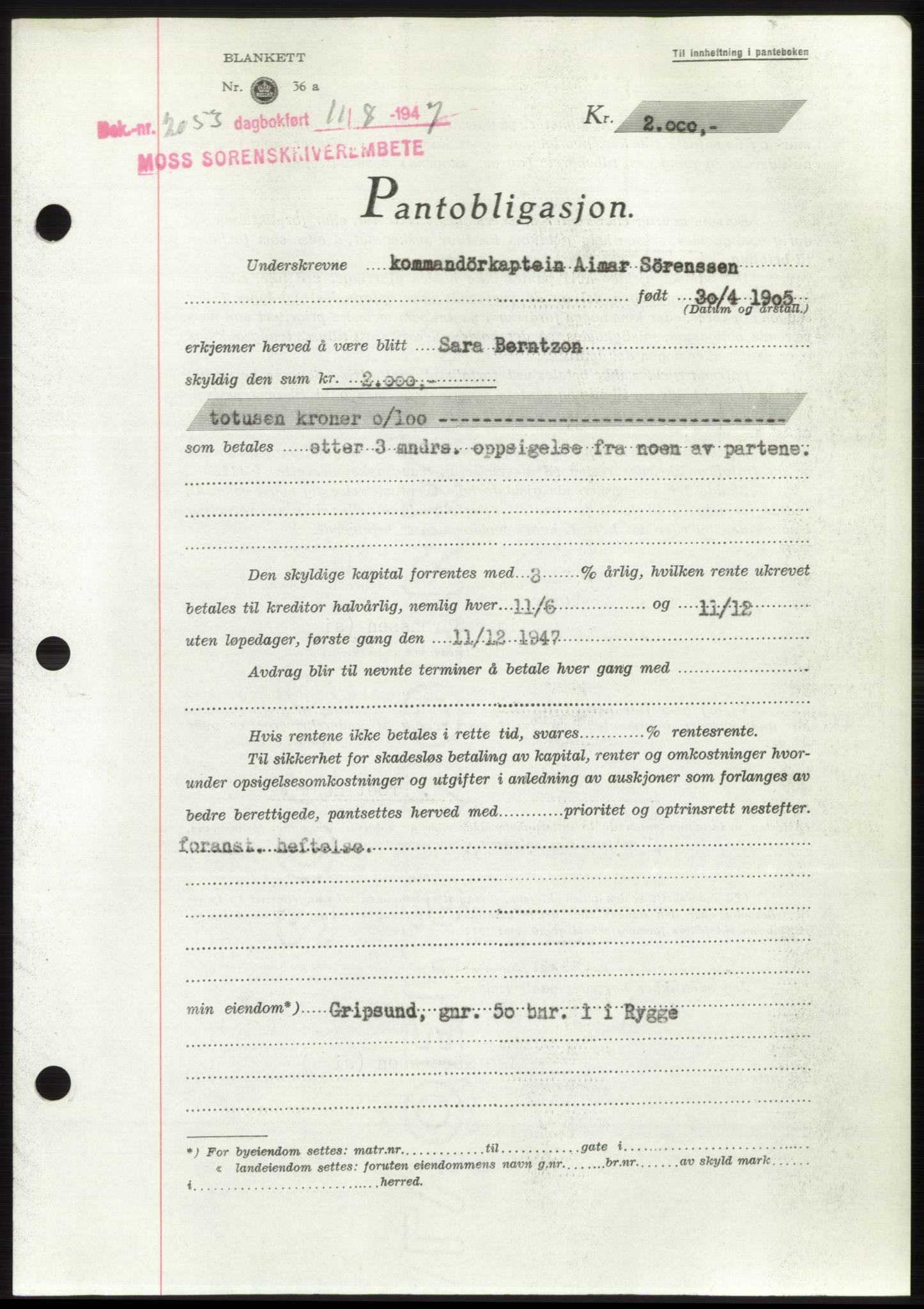 Moss sorenskriveri, SAO/A-10168: Pantebok nr. B17, 1947-1947, Dagboknr: 2053/1947