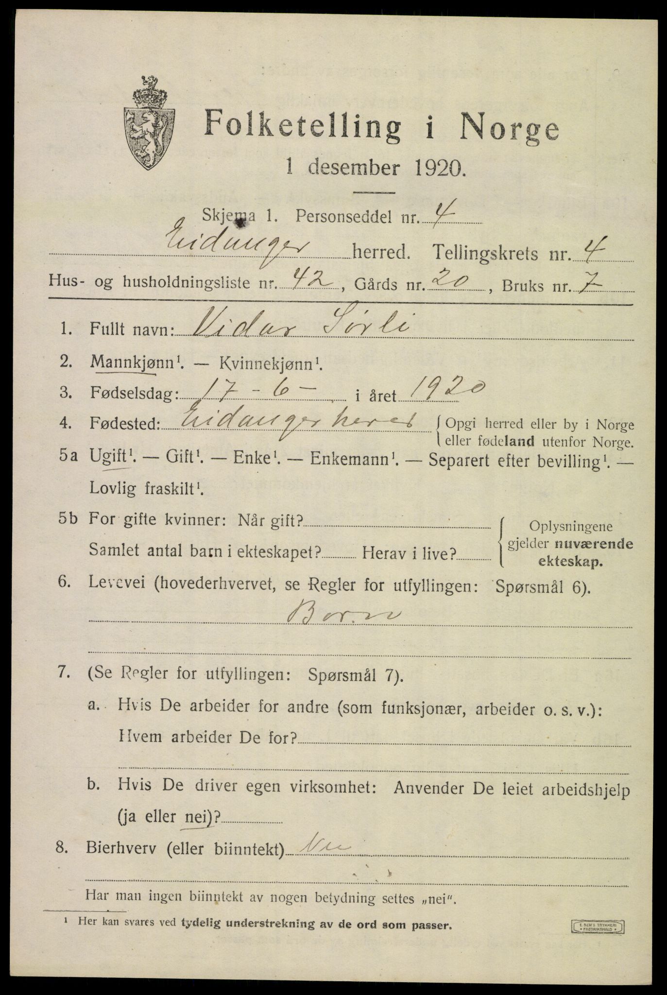 SAKO, Folketelling 1920 for 0813 Eidanger herred, 1920, s. 4254