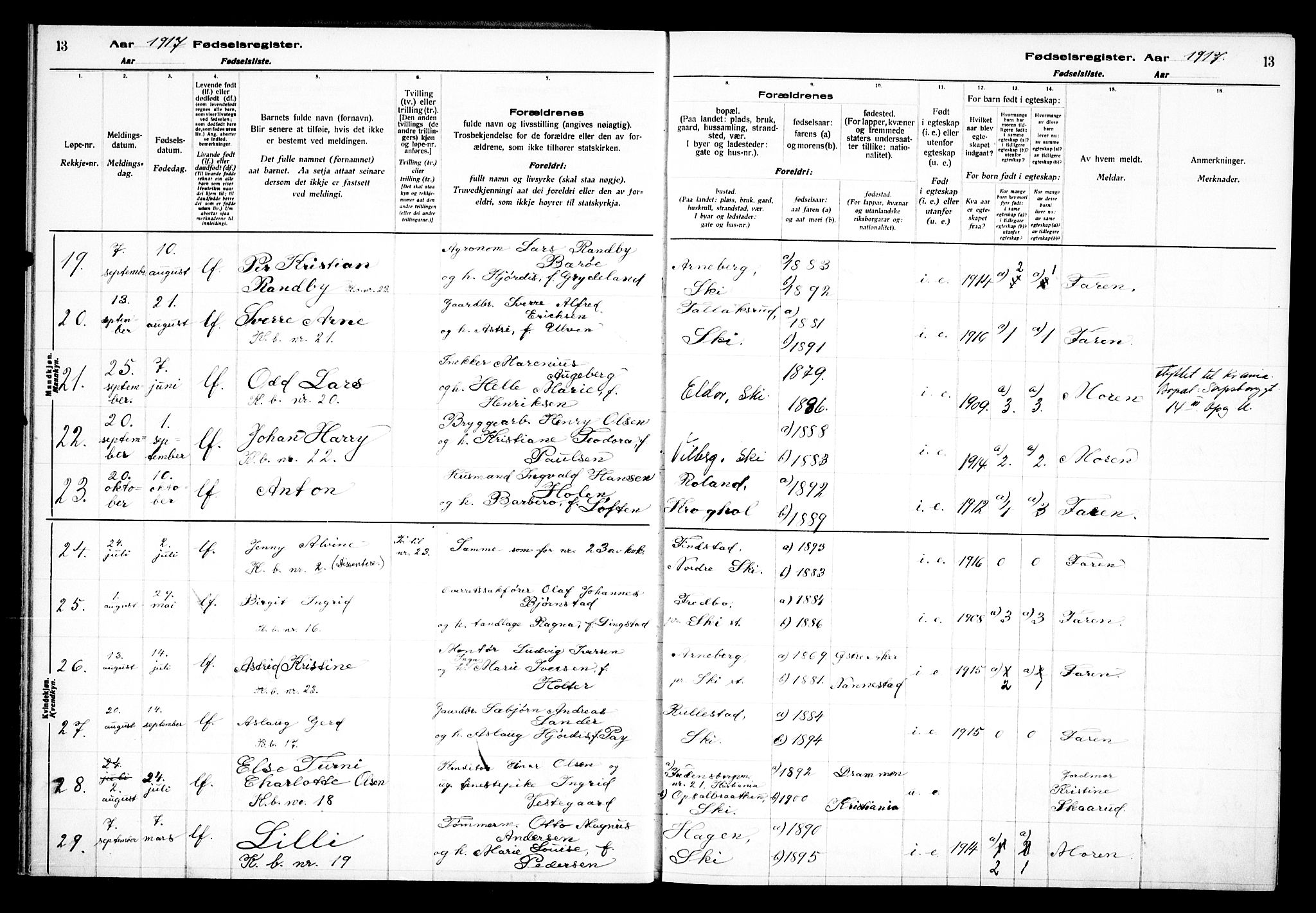 Kråkstad prestekontor Kirkebøker, AV/SAO-A-10125a/J/Jb/L0001: Fødselsregister nr. II 1, 1916-1936, s. 13