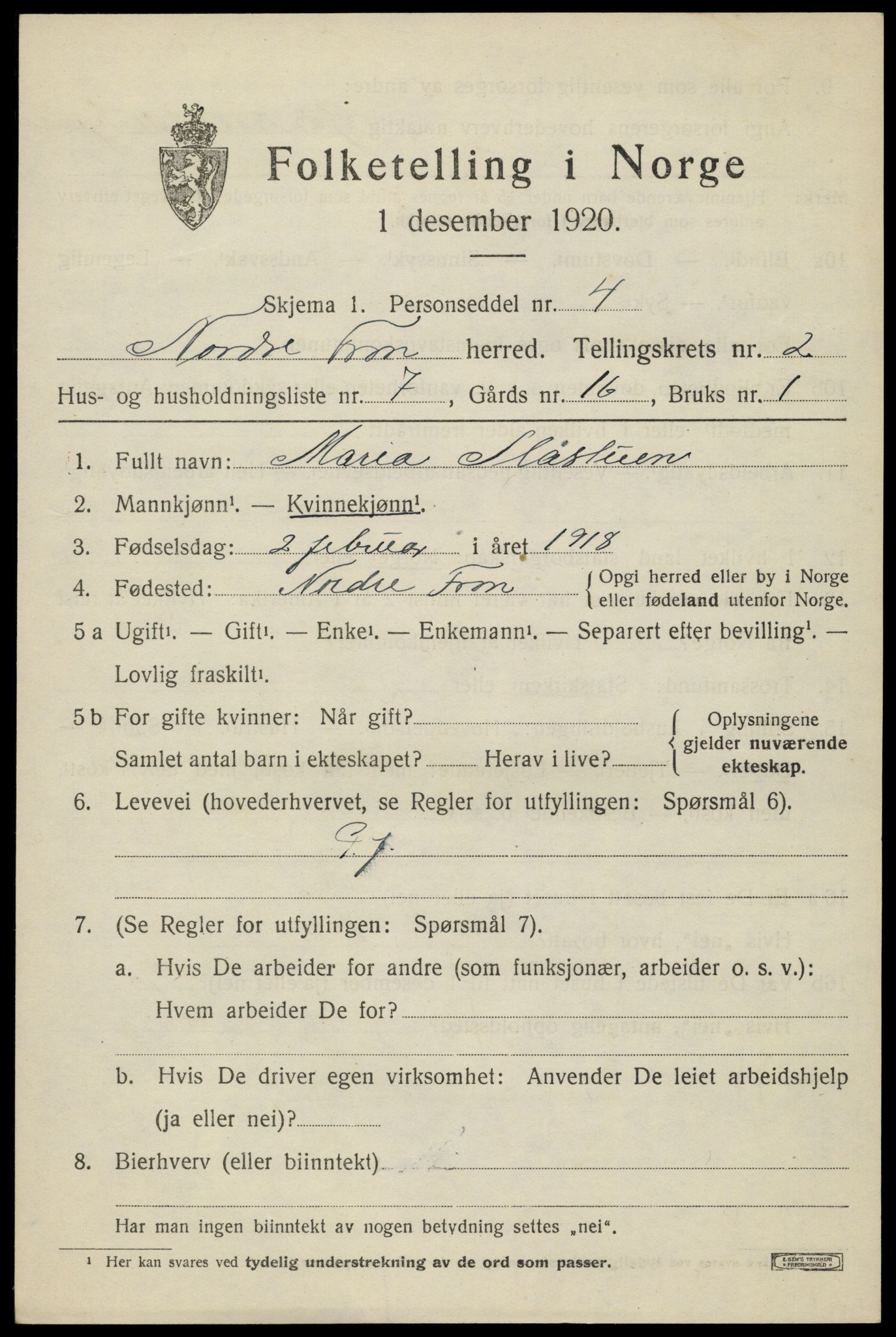 SAH, Folketelling 1920 for 0518 Nord-Fron herred, 1920, s. 2728