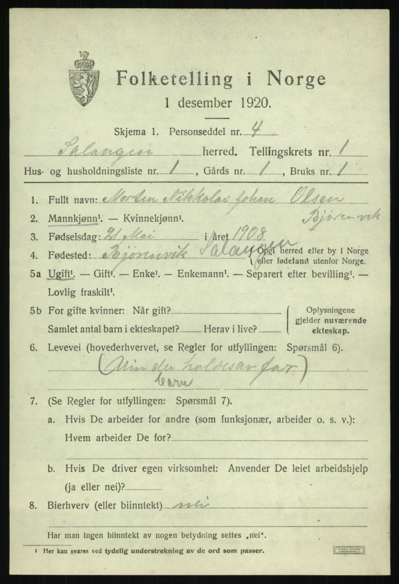 SATØ, Folketelling 1920 for 1921 Salangen herred, 1920, s. 944