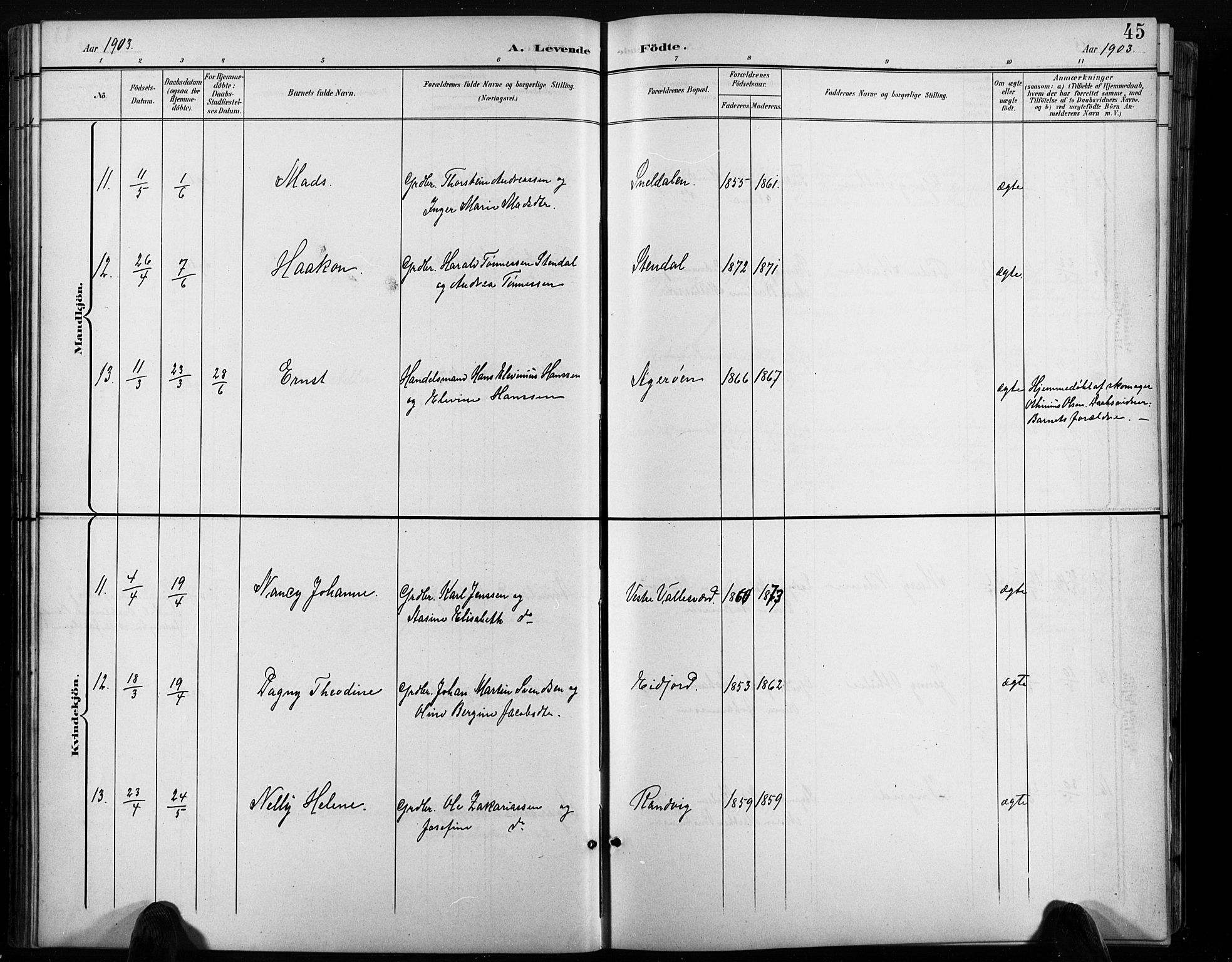 Høvåg sokneprestkontor, AV/SAK-1111-0025/F/Fb/L0005: Klokkerbok nr. B 5, 1898-1929, s. 45