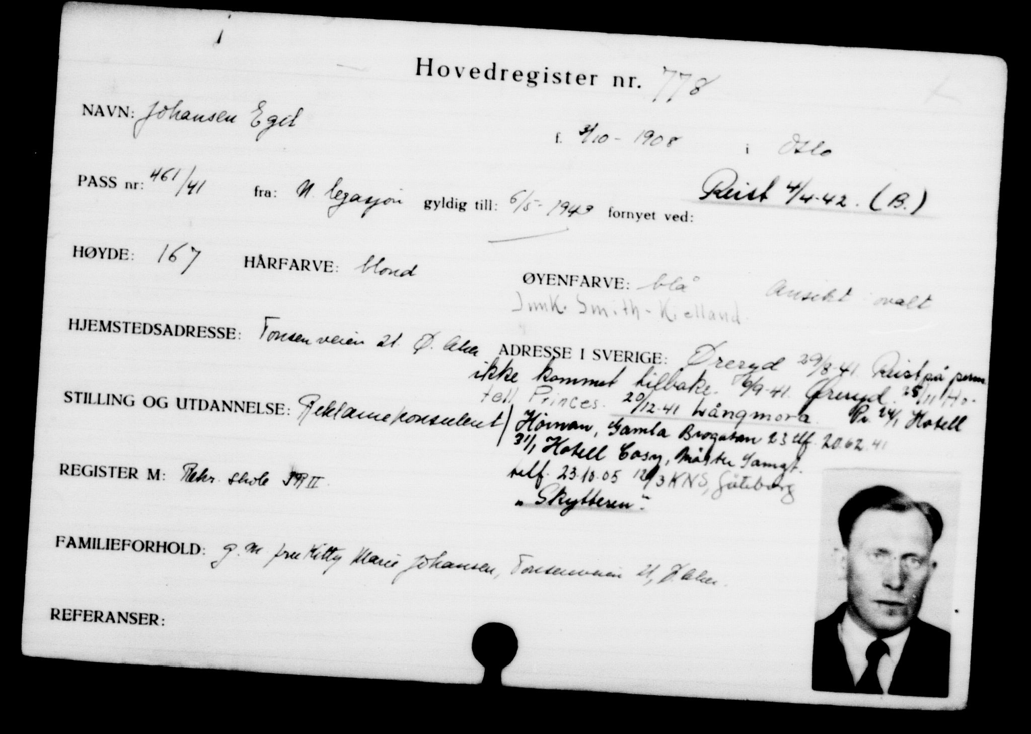 Utenriksstasjonene, Legasjonen i Stockholm, Flyktningkontoret, AV/RA-S-6753/V/Va/L0001: Kjesäterkartoteket, flyktninger med registreringsnr. 1-1000, 1940-1945, s. 1232