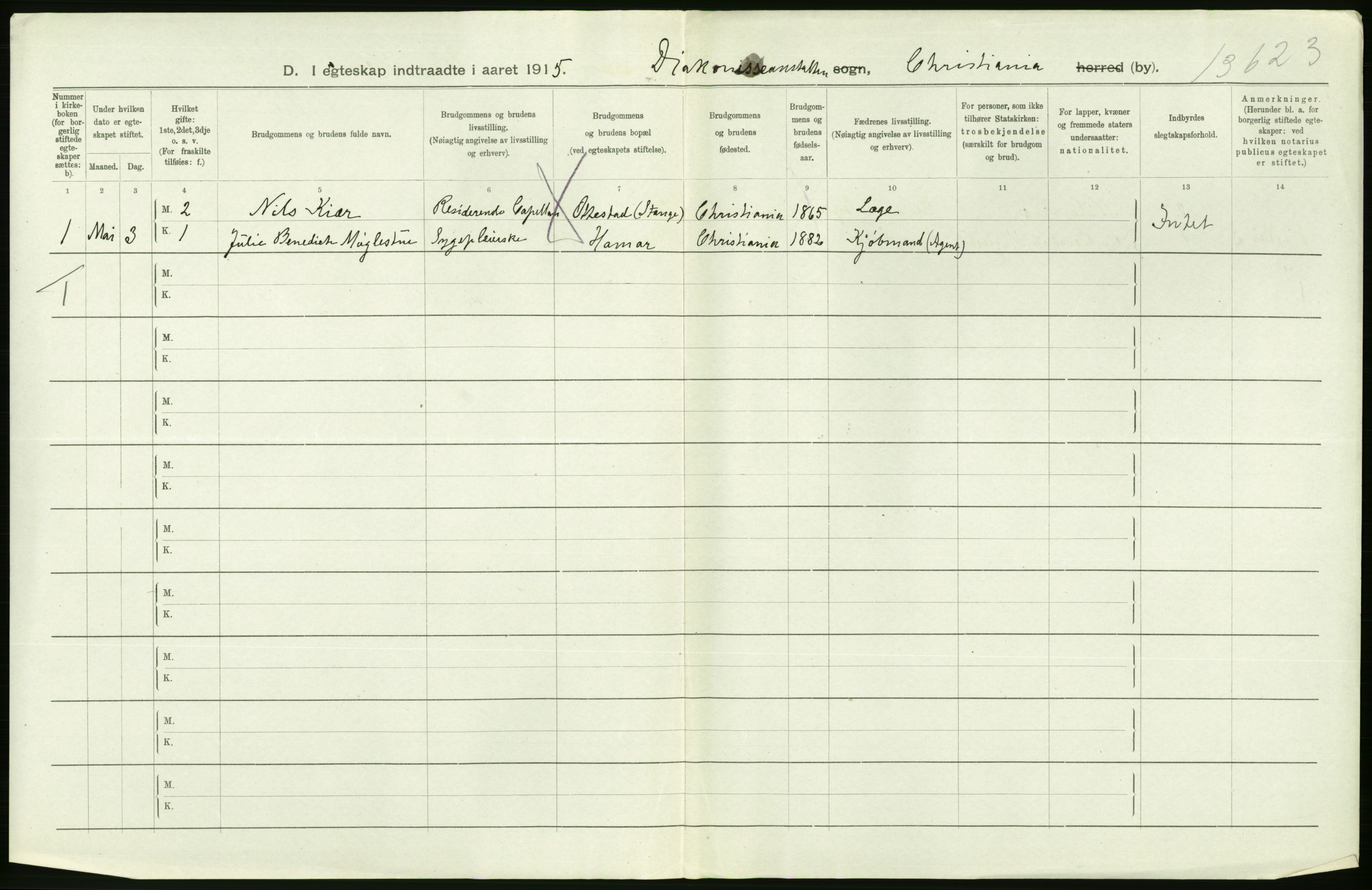 Statistisk sentralbyrå, Sosiodemografiske emner, Befolkning, RA/S-2228/D/Df/Dfb/Dfbe/L0008: Kristiania: Gifte., 1915, s. 632