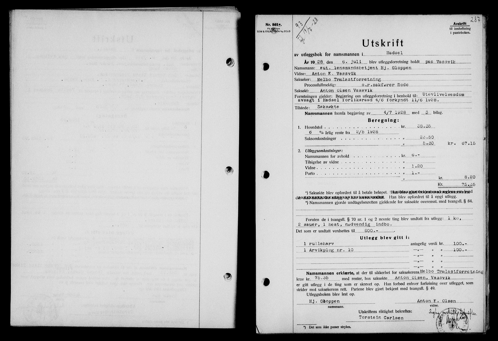 Vesterålen sorenskriveri, SAT/A-4180/1/2/2Ca/L0046: Pantebok nr. 39, 1928-1928, Tingl.dato: 19.07.1928