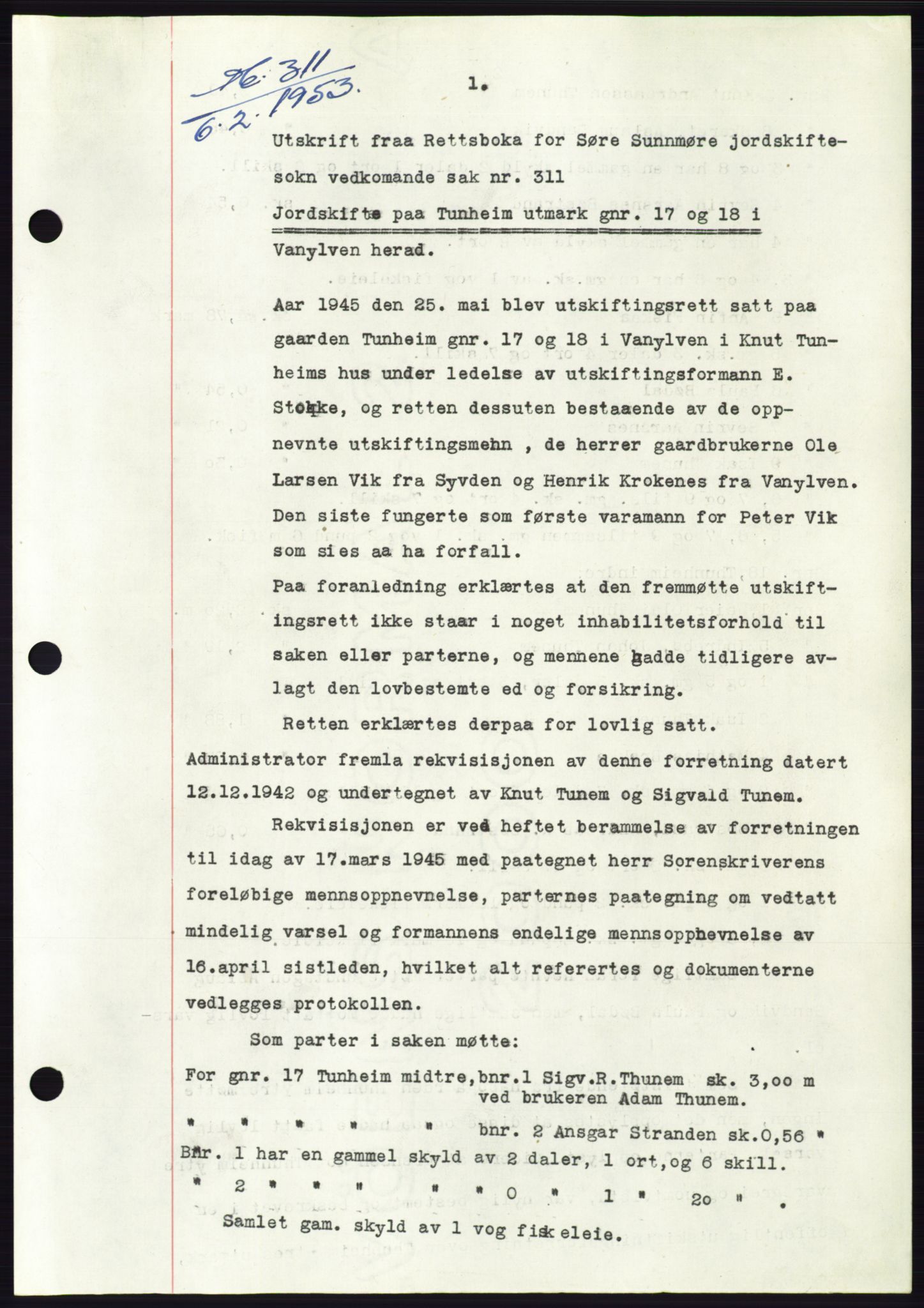Søre Sunnmøre sorenskriveri, SAT/A-4122/1/2/2C/L0094: Pantebok nr. 20A, 1953-1953, Dagboknr: 311/1953