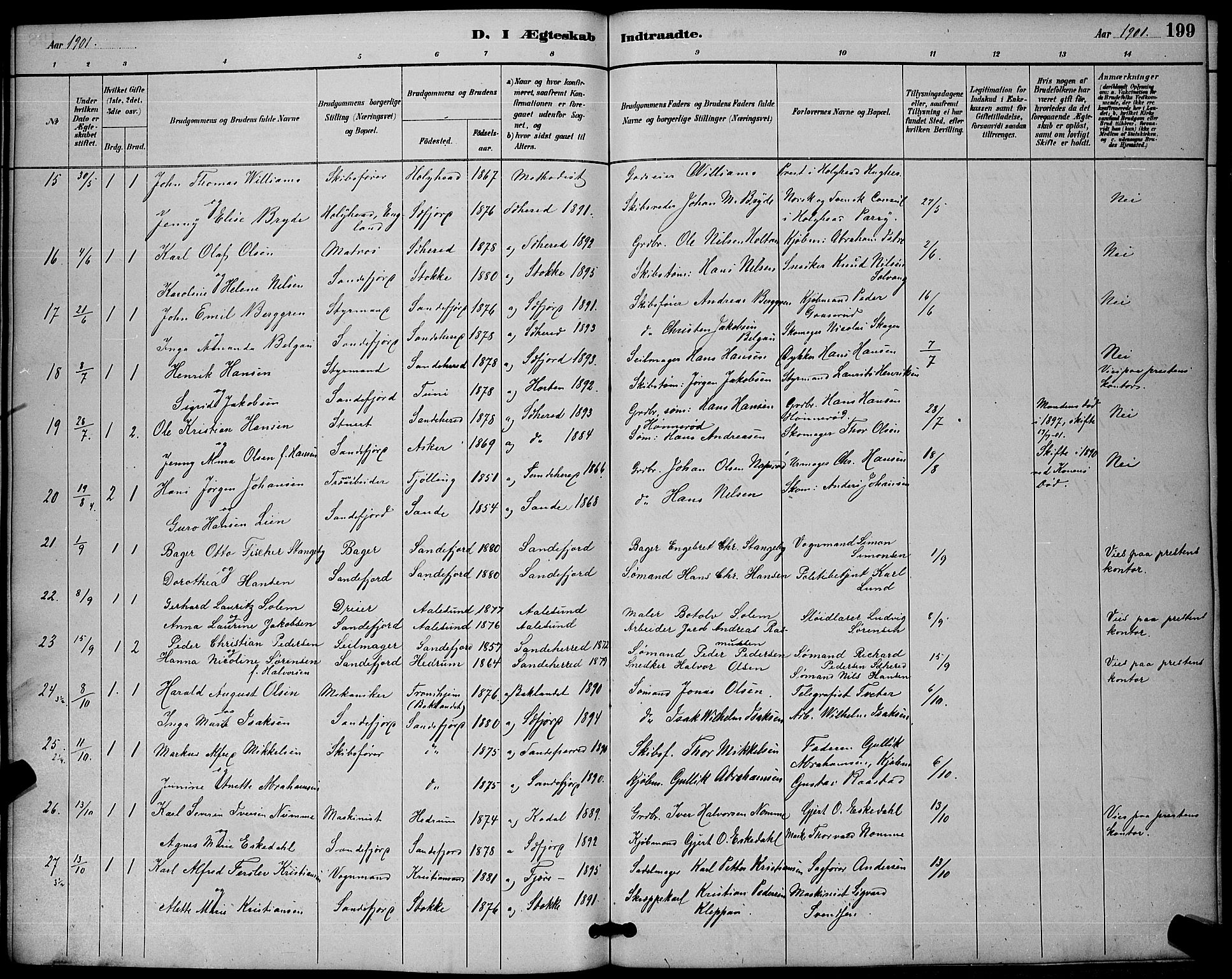 Sandefjord kirkebøker, AV/SAKO-A-315/G/Ga/L0001: Klokkerbok nr. 1, 1885-1903, s. 199