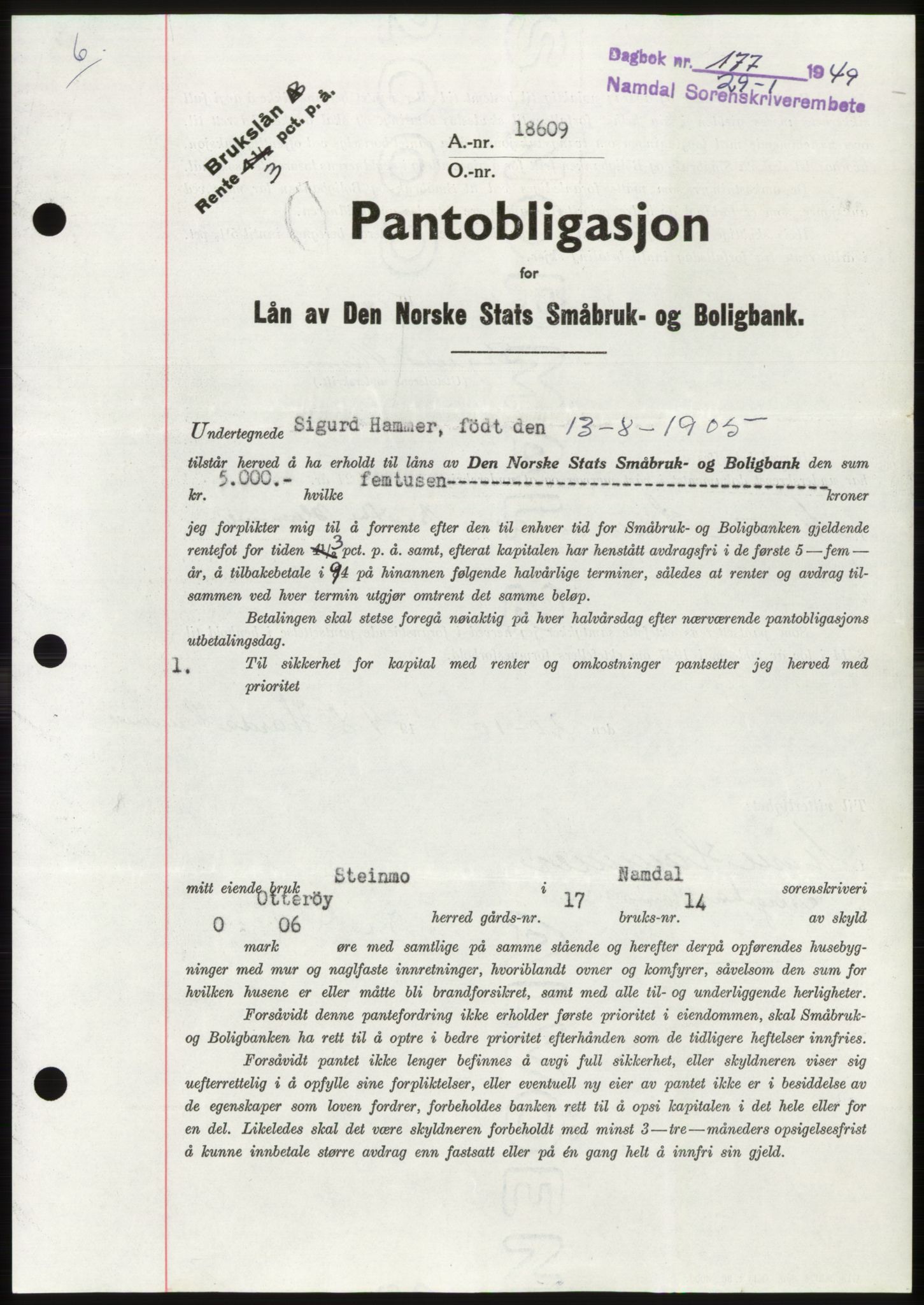 Namdal sorenskriveri, SAT/A-4133/1/2/2C: Pantebok nr. -, 1949-1949, Dagboknr: 177/1949