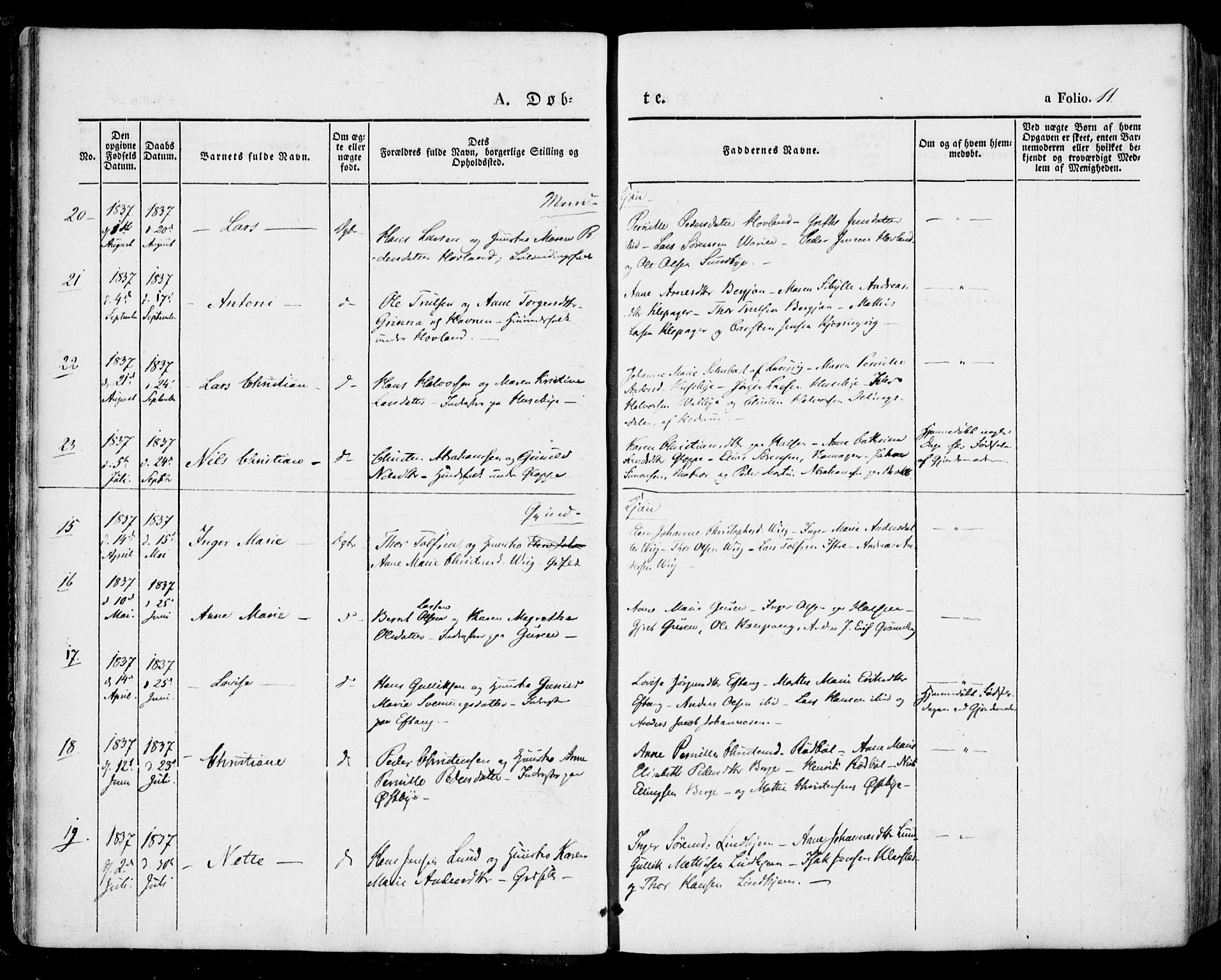 Tjølling kirkebøker, AV/SAKO-A-60/F/Fa/L0006: Ministerialbok nr. 6, 1835-1859, s. 11