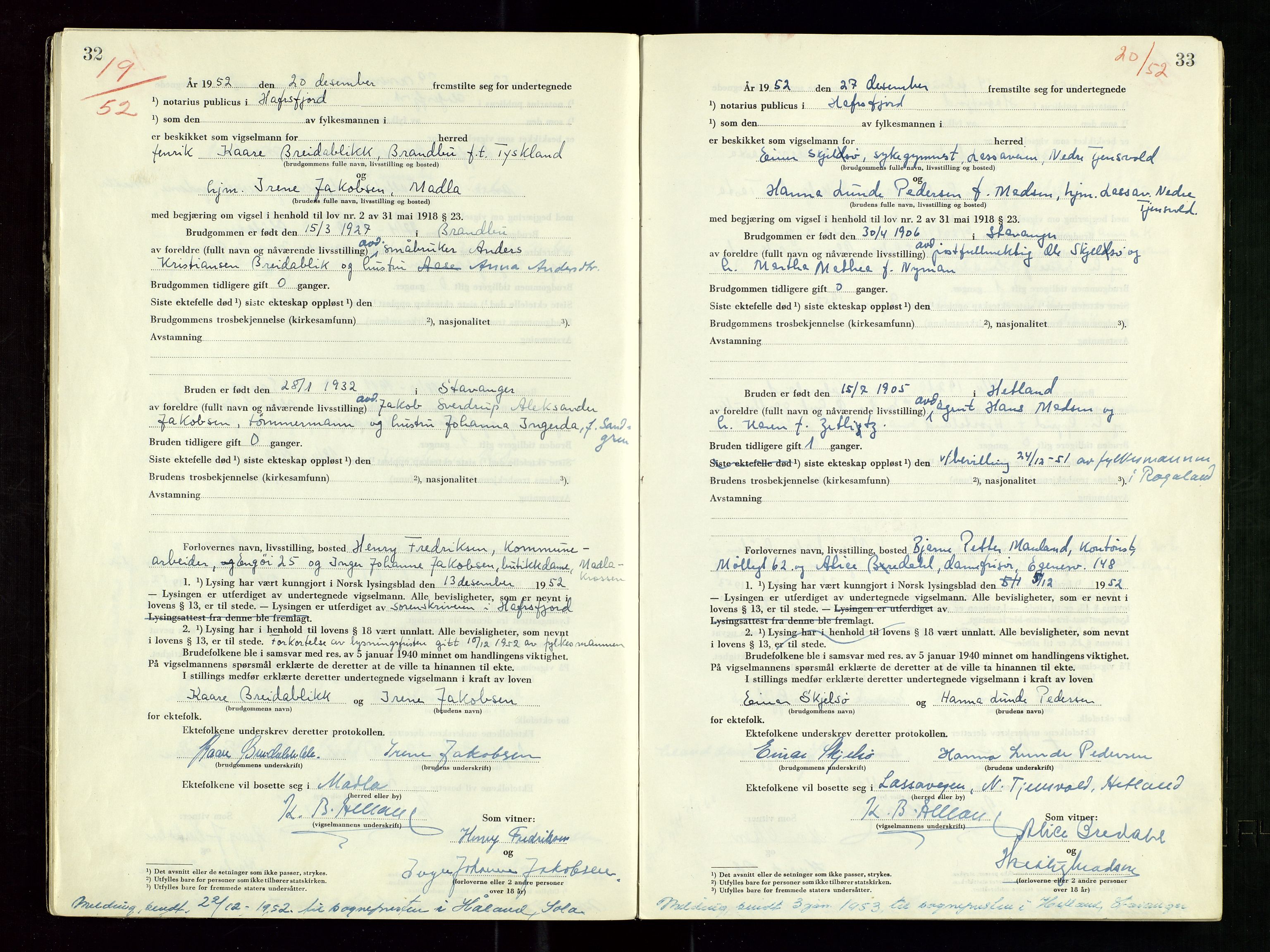 Hafrsfjord sorenskriveri, AV/SAST-A-100313/I/Ic/L0001: "Vigsels-bok", 1951-1959, s. 32-33