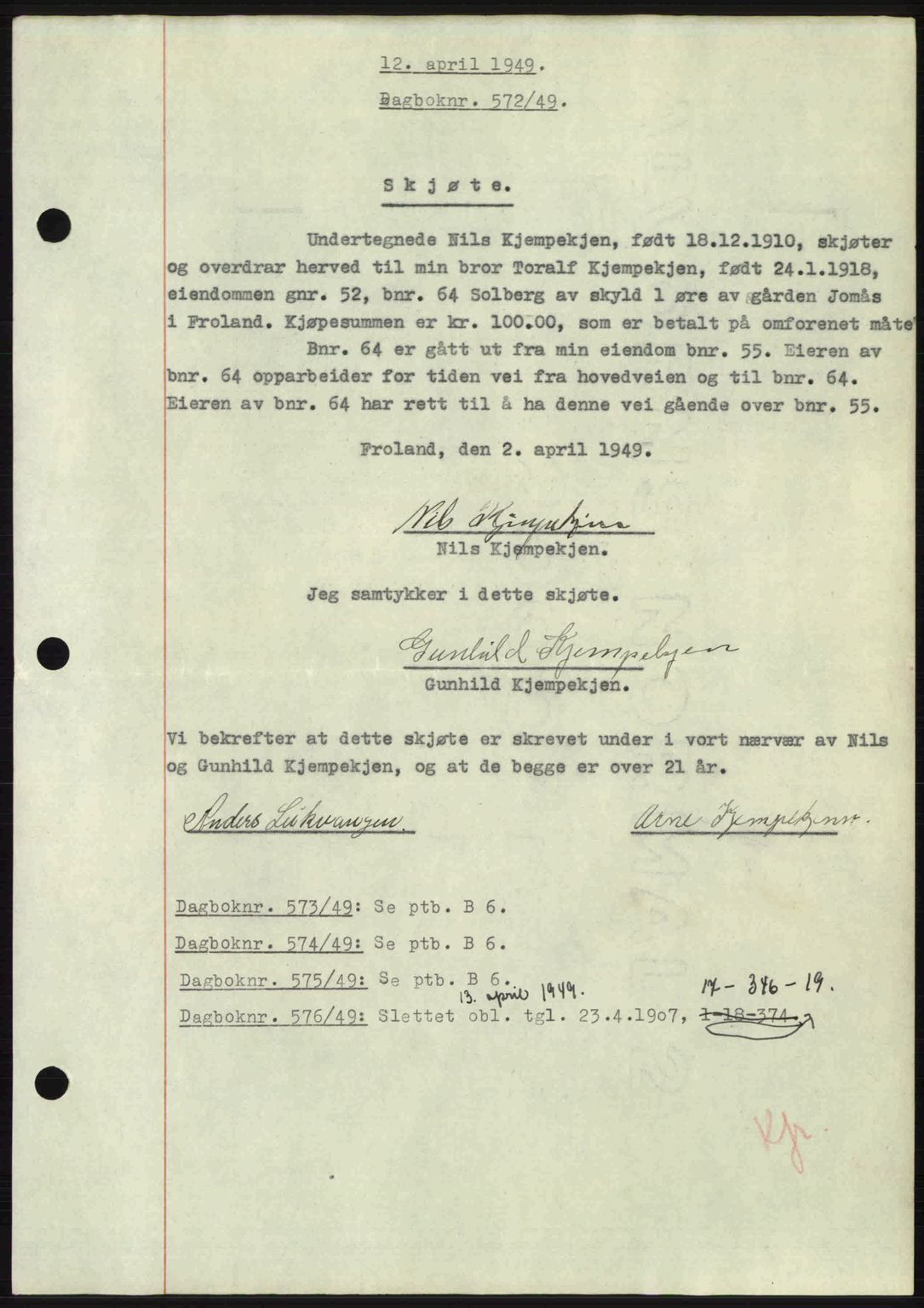 Nedenes sorenskriveri, AV/SAK-1221-0006/G/Gb/Gba/L0060: Pantebok nr. A12, 1948-1949, Dagboknr: 572/1949