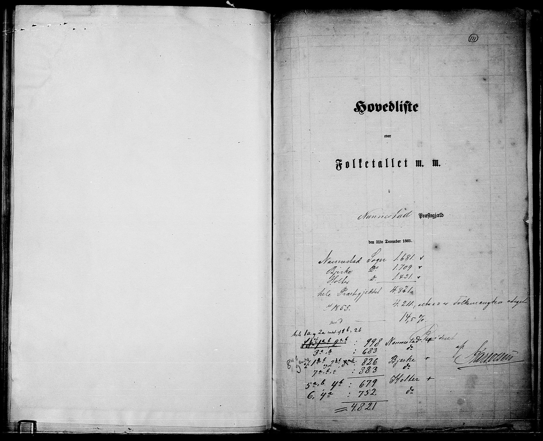RA, Folketelling 1865 for 0238P Nannestad prestegjeld, 1865, s. 1