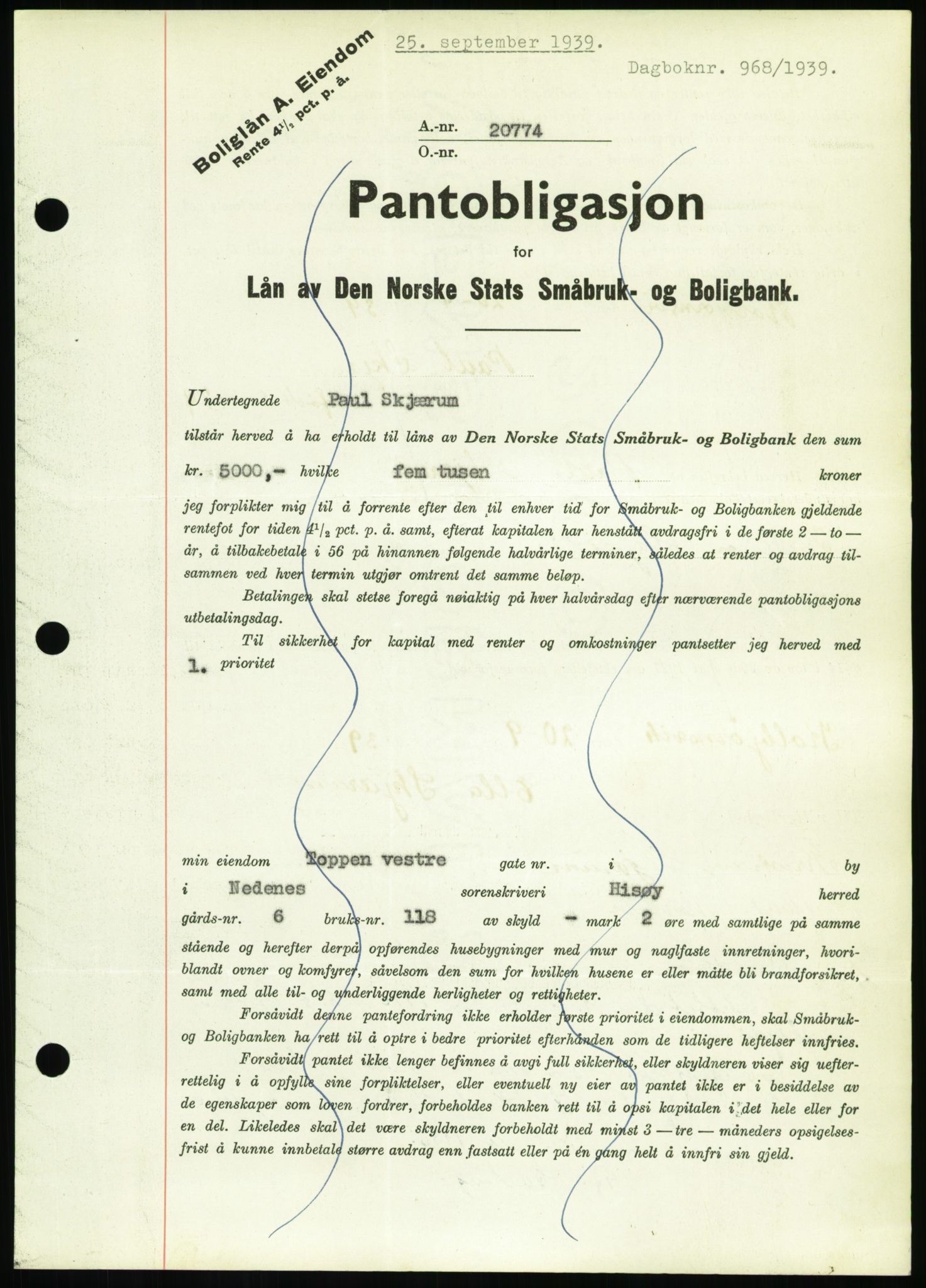 Nedenes sorenskriveri, SAK/1221-0006/G/Gb/Gbb/L0001: Pantebok nr. I, 1939-1942, Dagboknr: 968/1939