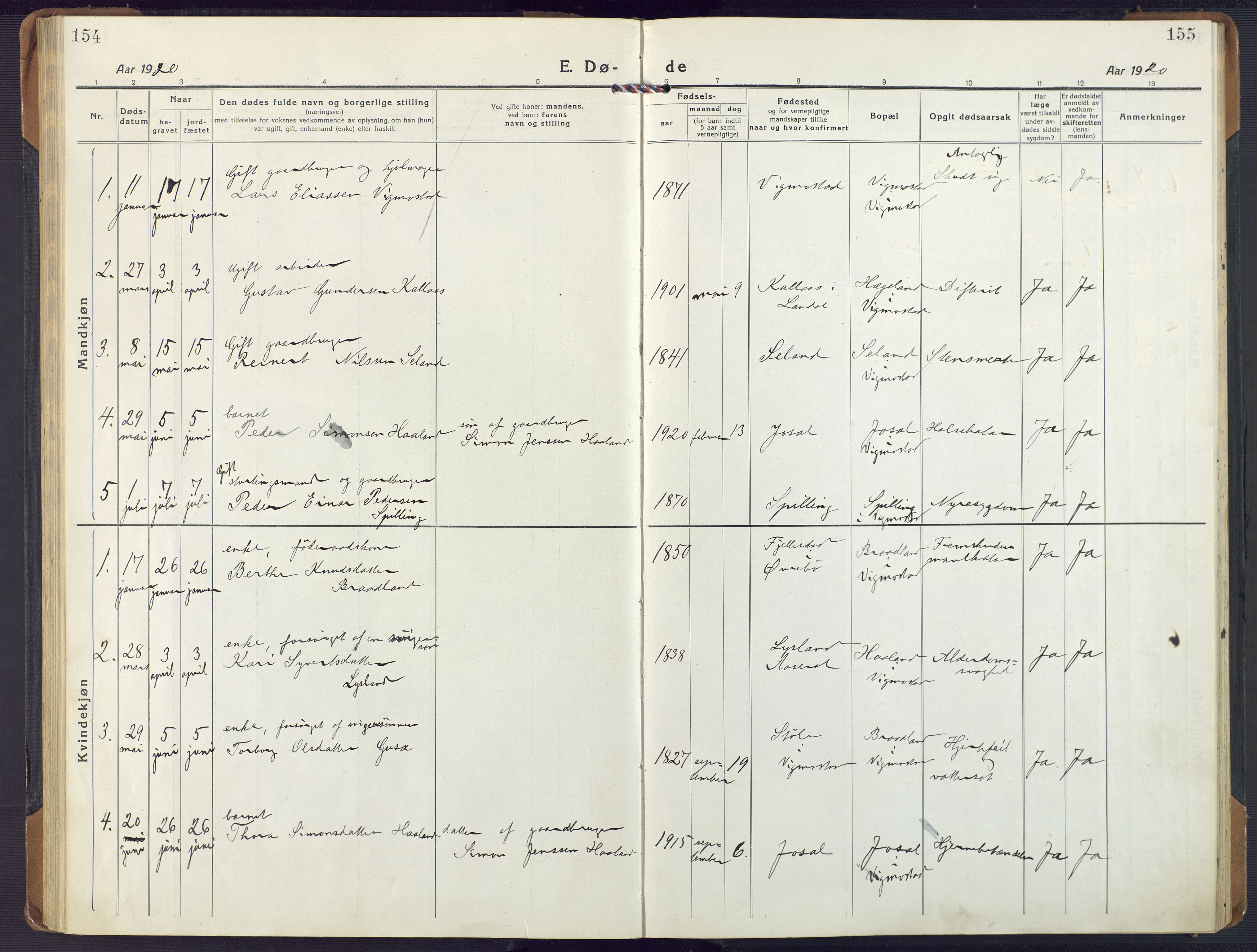 Nord-Audnedal sokneprestkontor, SAK/1111-0032/F/Fa/Fab/L0005: Ministerialbok nr. A 5, 1918-1925, s. 154-155