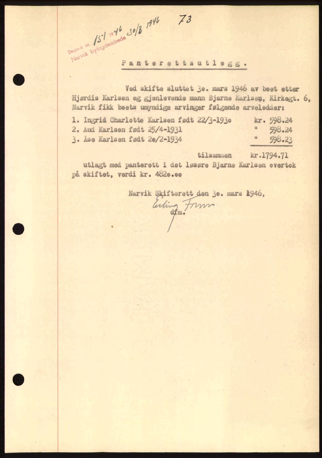 Narvik sorenskriveri, SAT/A-0002/1/2/2C/2Ca: Pantebok nr. A21, 1946-1947, Dagboknr: 151/1946