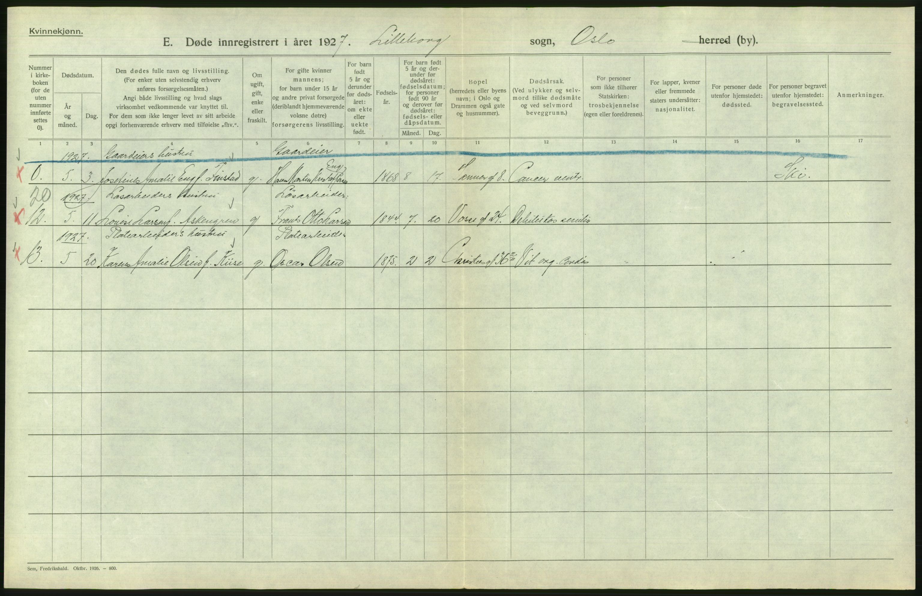 Statistisk sentralbyrå, Sosiodemografiske emner, Befolkning, AV/RA-S-2228/D/Df/Dfc/Dfcg/L0010: Oslo: Døde kvinner, dødfødte, 1927, s. 738