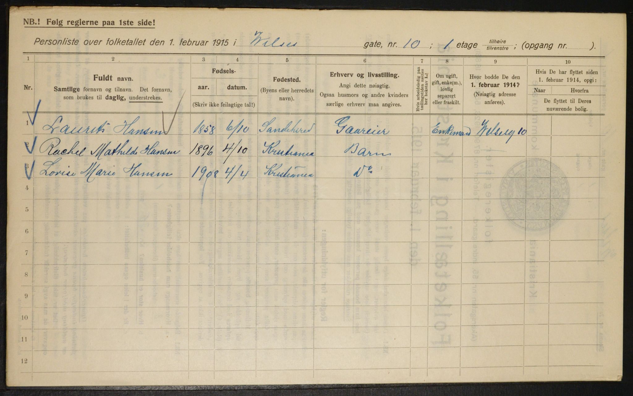 OBA, Kommunal folketelling 1.2.1915 for Kristiania, 1915, s. 129073