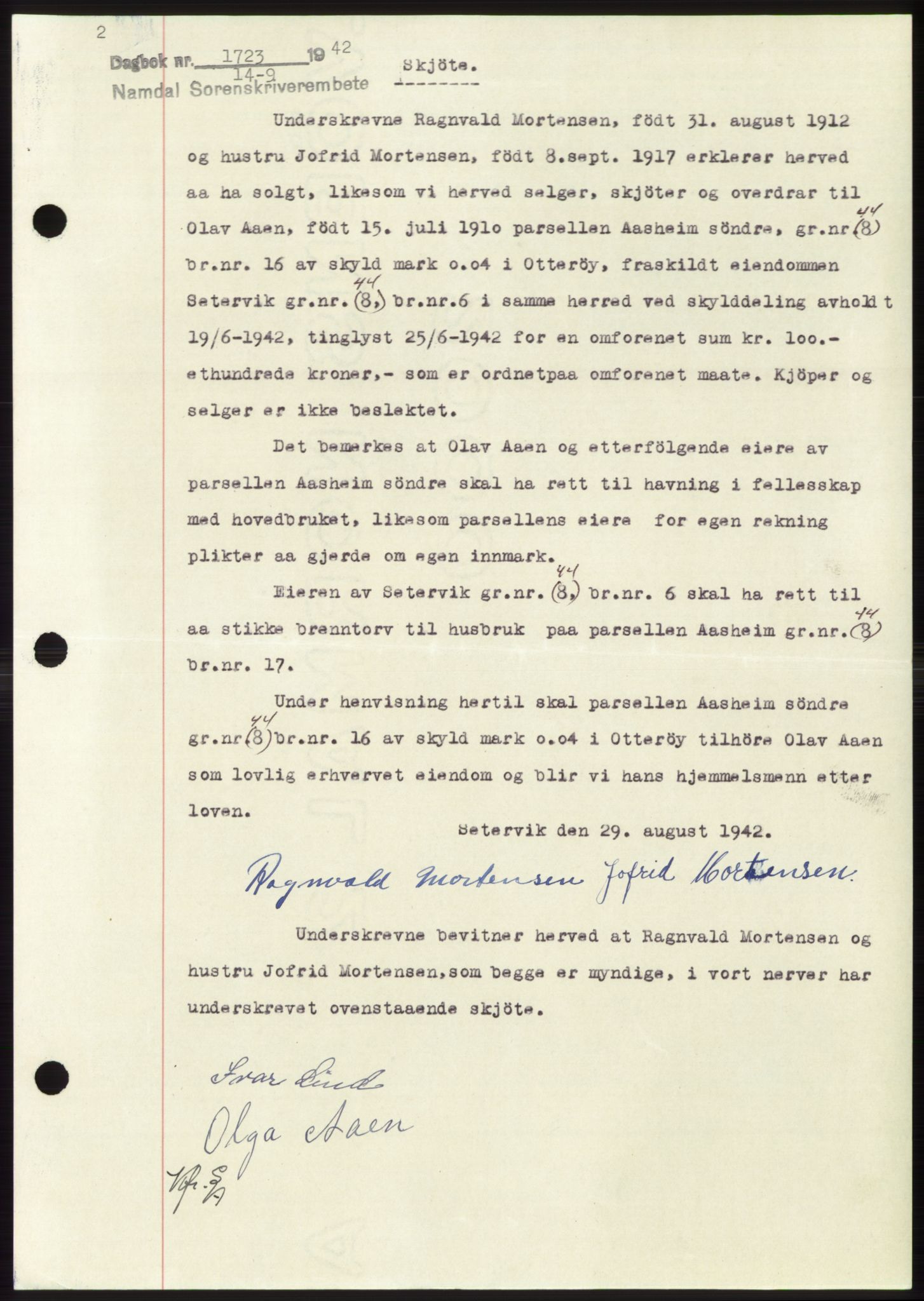 Namdal sorenskriveri, SAT/A-4133/1/2/2C: Pantebok nr. -, 1942-1943, Dagboknr: 1723/1942