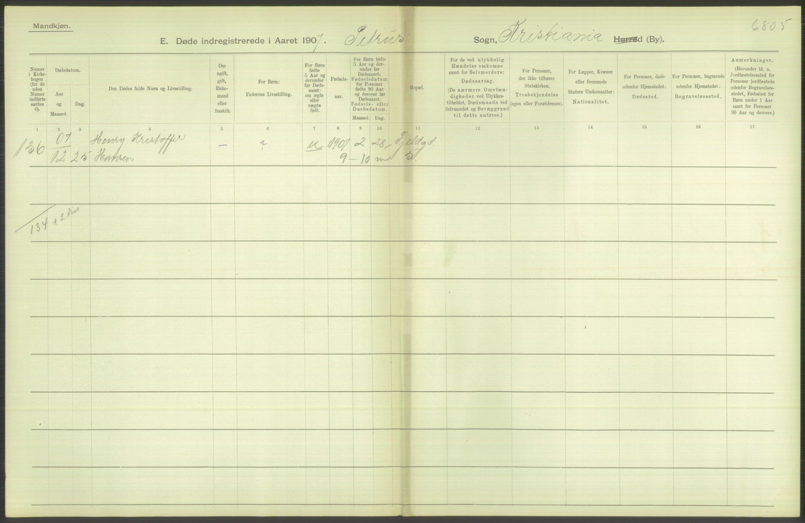 Statistisk sentralbyrå, Sosiodemografiske emner, Befolkning, AV/RA-S-2228/D/Df/Dfa/Dfae/L0010: Kristiania: Døde, dødfødte, 1907, s. 250