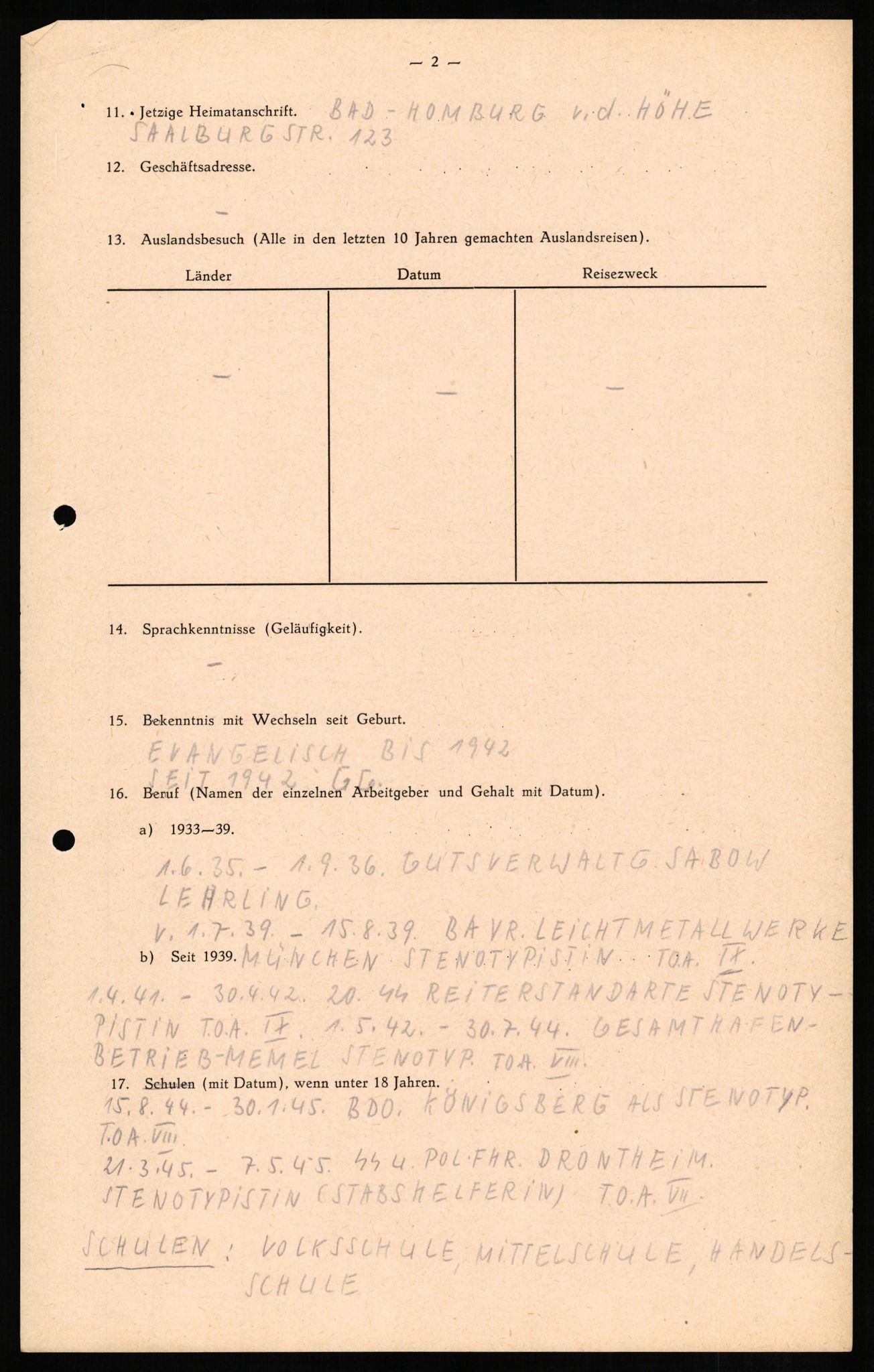 Forsvaret, Forsvarets overkommando II, RA/RAFA-3915/D/Db/L0011: CI Questionaires. Tyske okkupasjonsstyrker i Norge. Tyskere., 1945-1946, s. 28