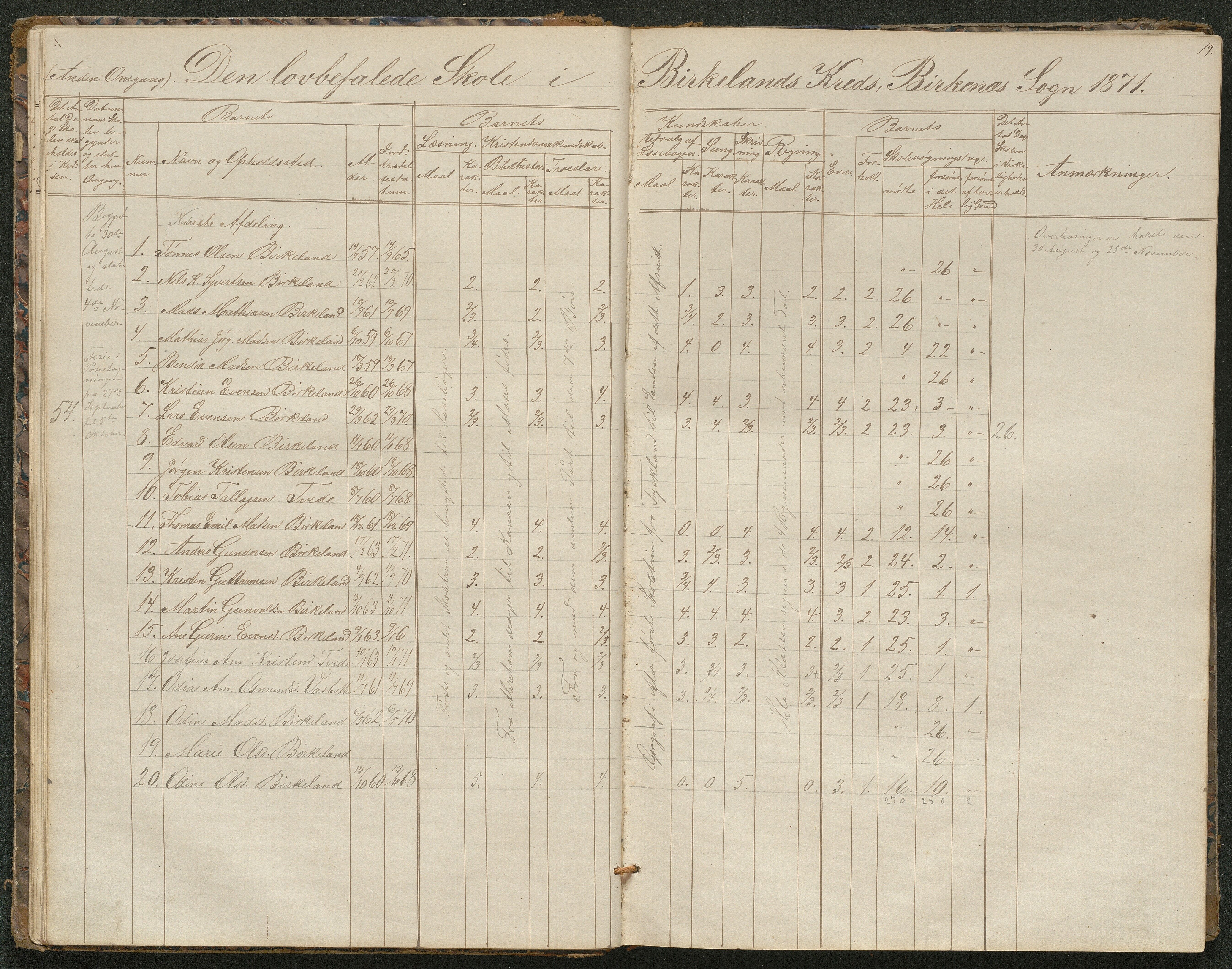 Birkenes kommune, Birkenes krets/Birkeland folkeskole frem til 1991, AAKS/KA0928-550a_91/F02/L0001: Skoleprotokoll, 1862-1896, s. 19