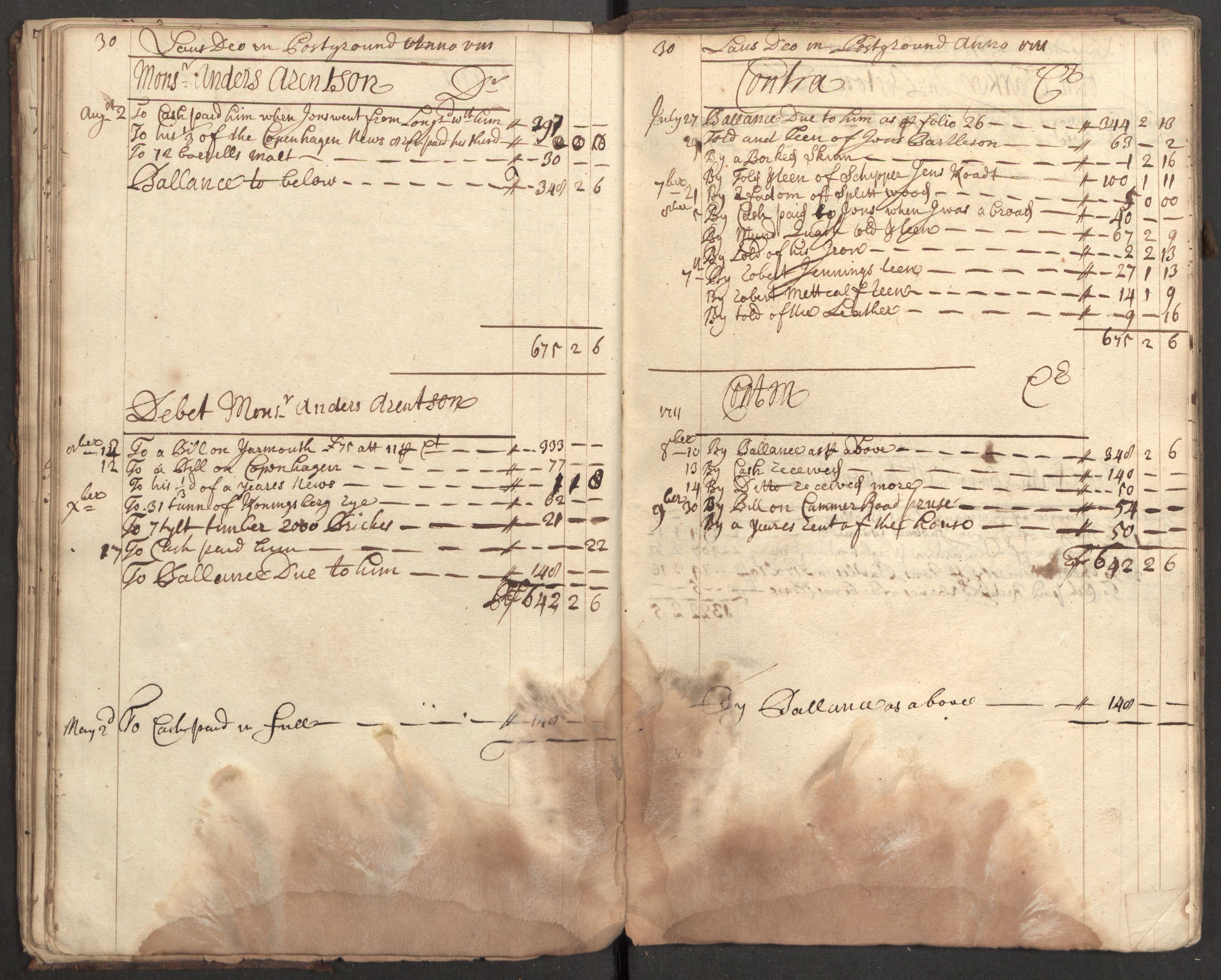 Bowman, James, RA/PA-0067/F/L0002/0001: Kontobok og skiftepapirer / James Bowmans kontobok, 1708-1728, s. 32