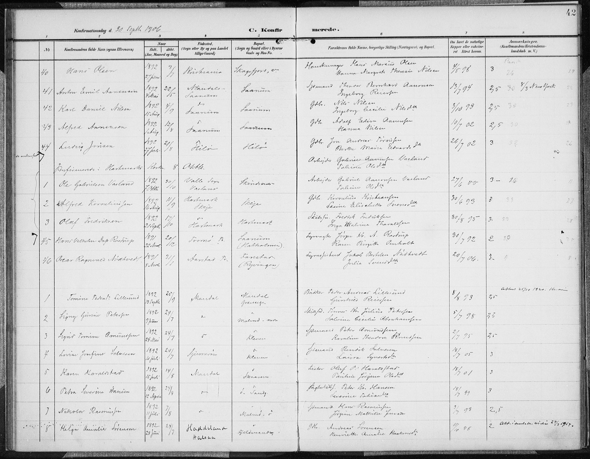 Mandal sokneprestkontor, AV/SAK-1111-0030/F/Fa/Faa/L0019: Ministerialbok nr. A 19, 1902-1912, s. 42