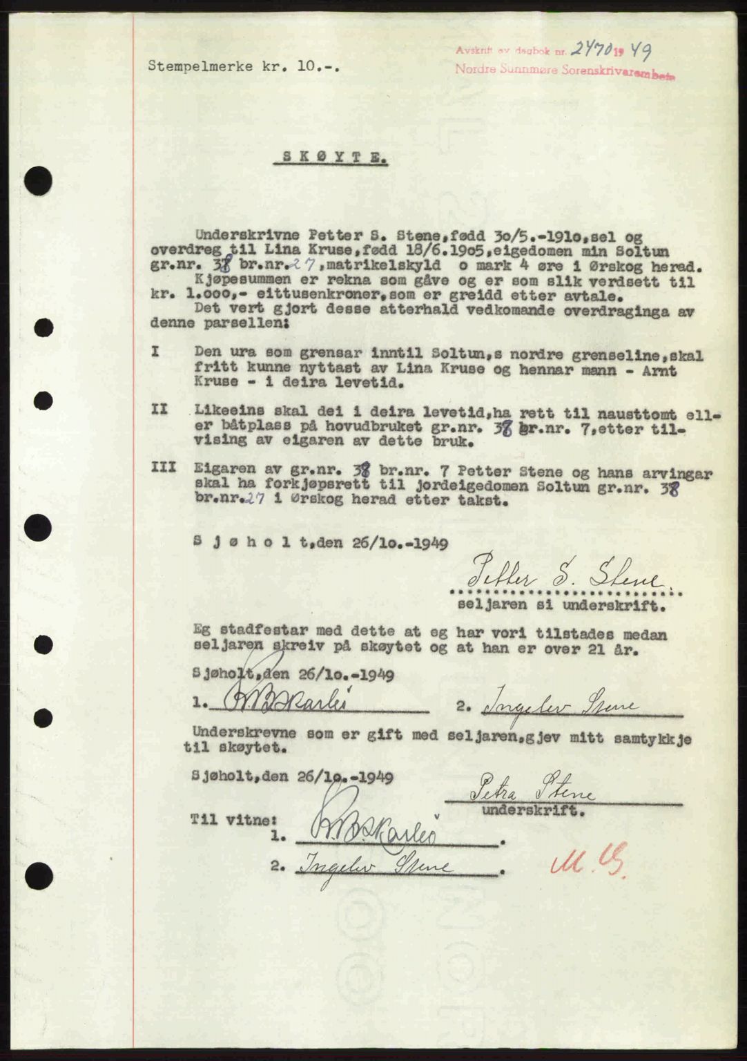 Nordre Sunnmøre sorenskriveri, SAT/A-0006/1/2/2C/2Ca: Pantebok nr. A32, 1949-1949, Dagboknr: 2470/1949