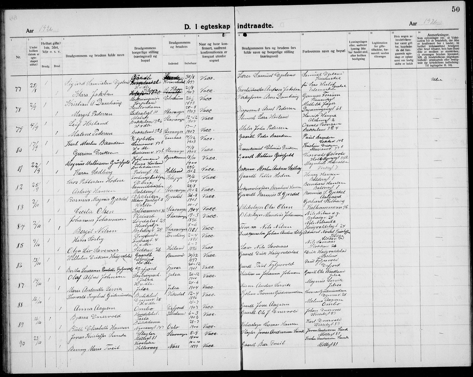 Domkirken sokneprestkontor, AV/SAST-A-101812/001/30/30BB/L0020: Klokkerbok nr. B 20, 1921-1937, s. 50