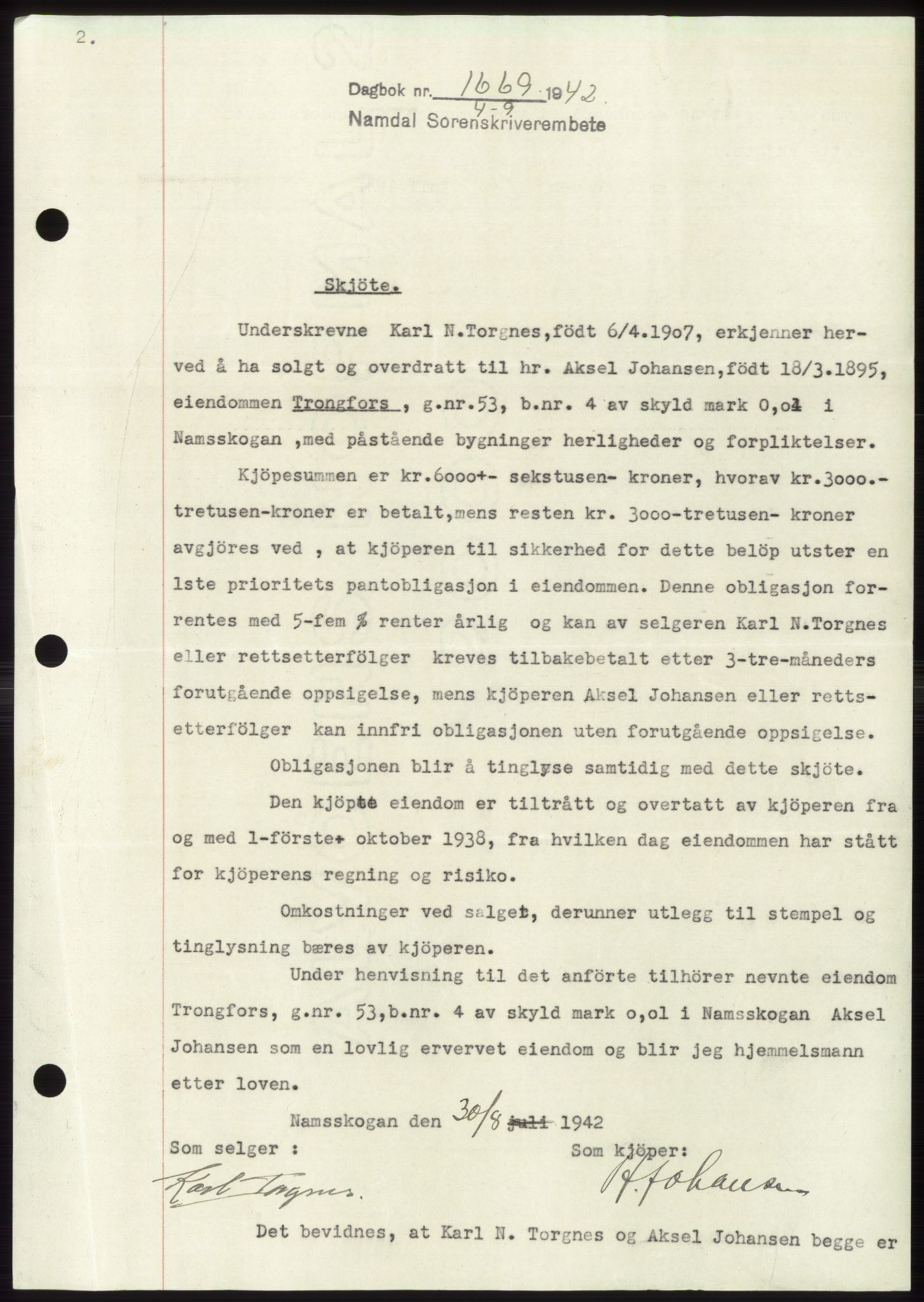 Namdal sorenskriveri, SAT/A-4133/1/2/2C: Pantebok nr. -, 1942-1943, Dagboknr: 1669/1942